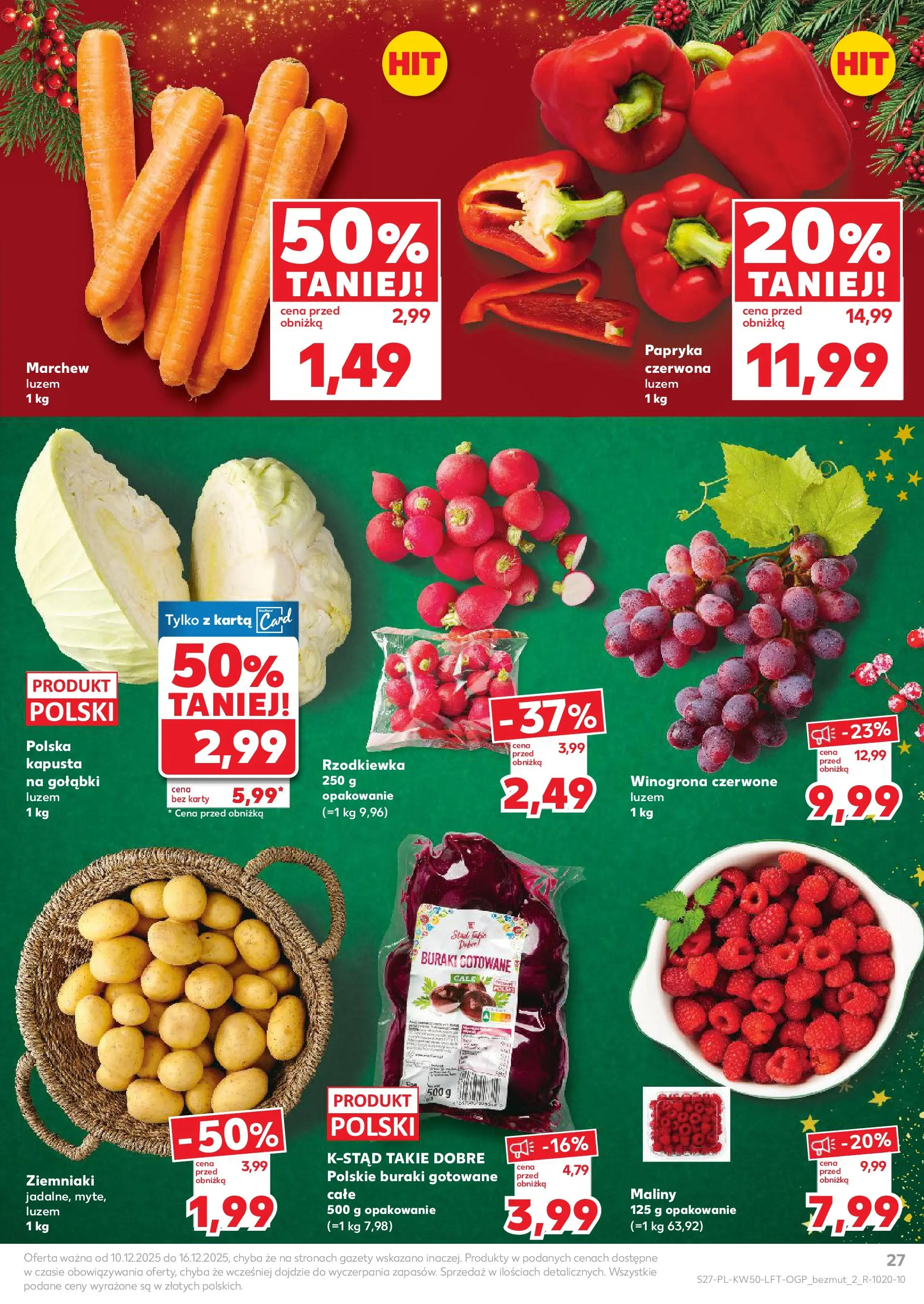 Kaufland gazetka od 10.12.2025 | Boże Narodzenie 🎄🎁 | Strona: 27 | Produkty: Kapusta, Maliny, Papryka, Buraki gotowane
