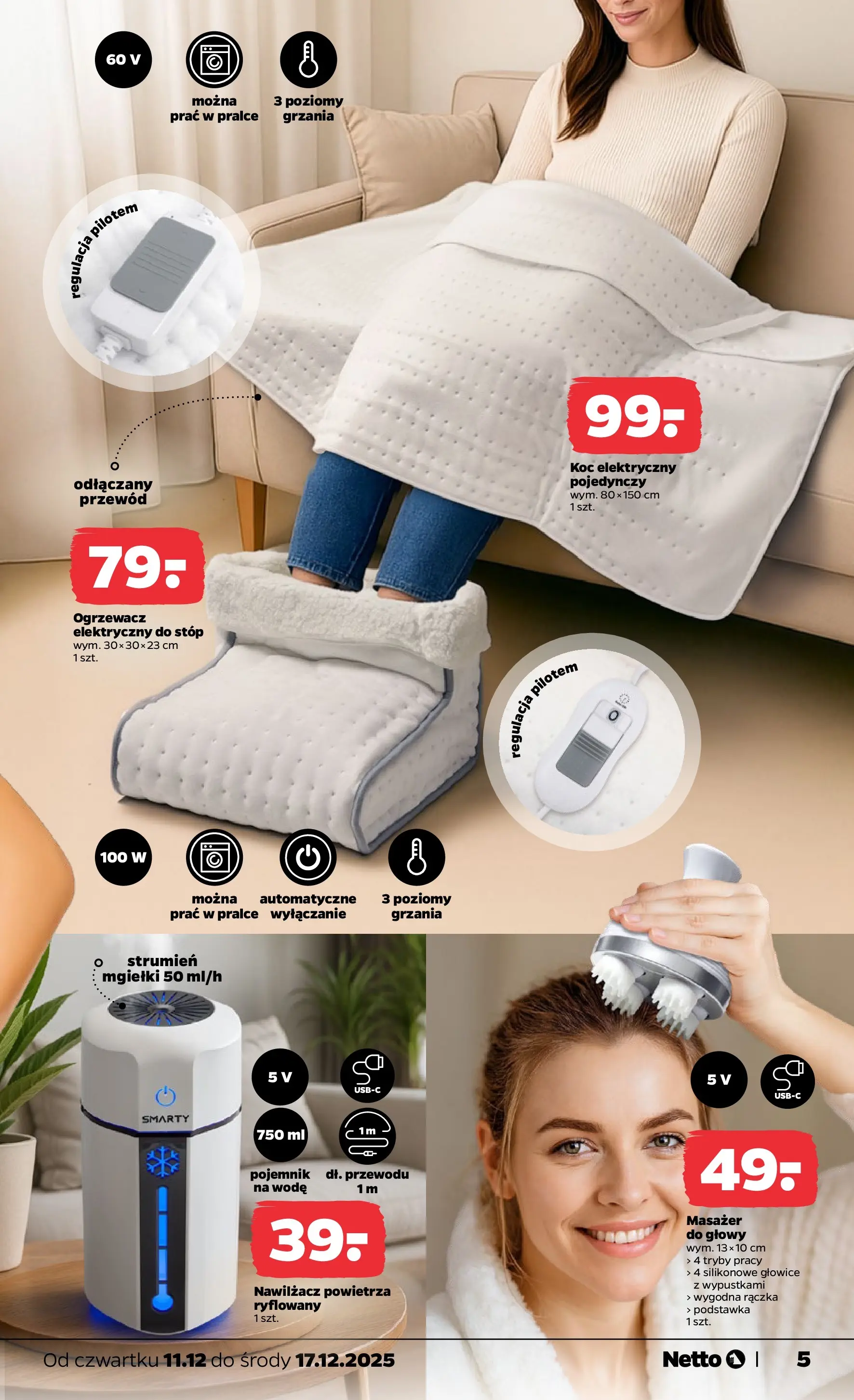 Netto - NETTO T50B Non Food ważne do 17.12 od 10.12.2025 - Aktualne promocje | Strona: 5 | Produkty: Koc elektryczny, USB, Koc, Nawilżacz powietrza