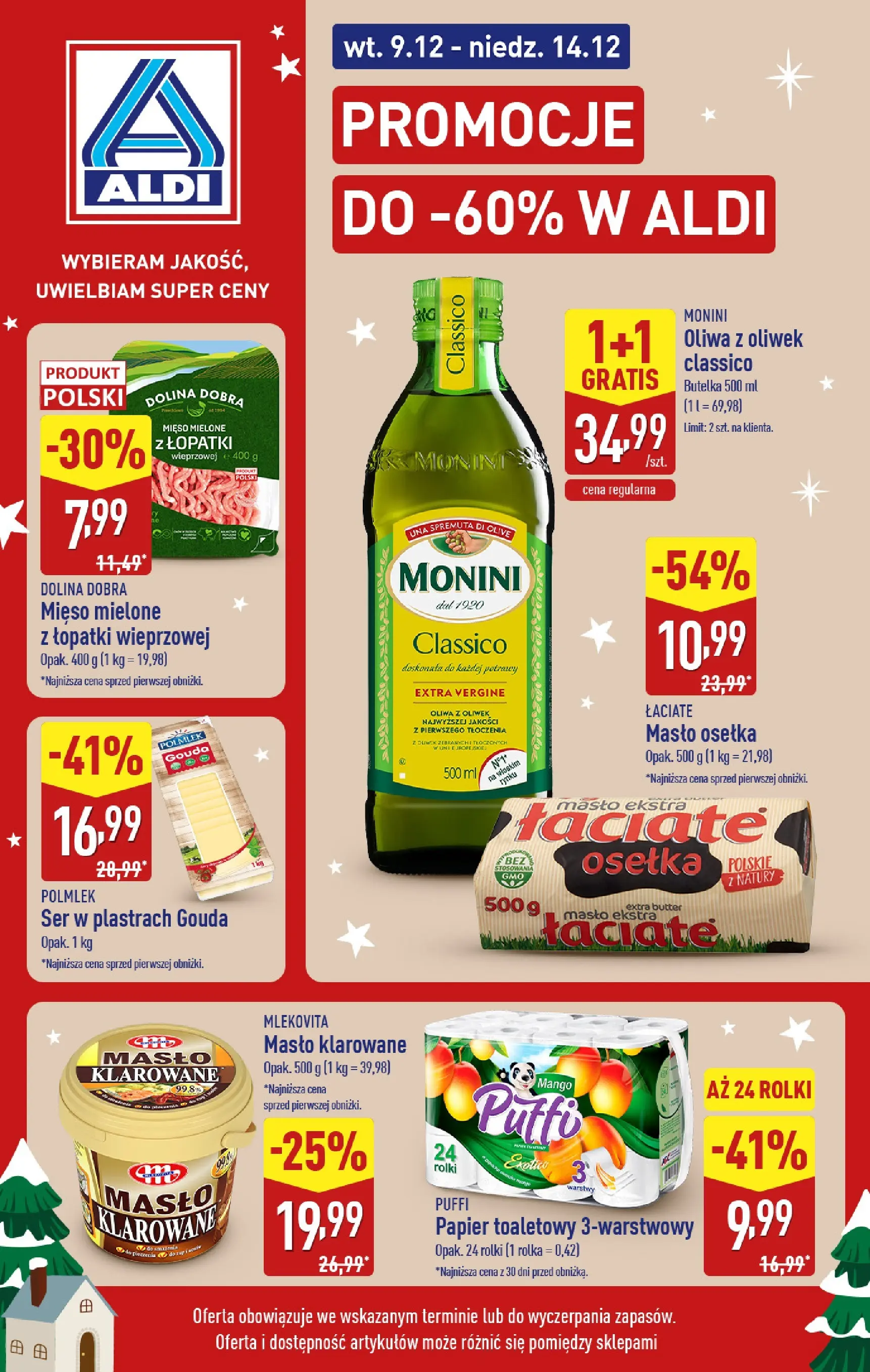Aldi - Promocje do 60% w ALDI od 09.12.2025 - Ulotka PDF, promocje | Strona: 1 | Produkty: Osełka, Masło klarowane, Papier toaletowy, Rolki