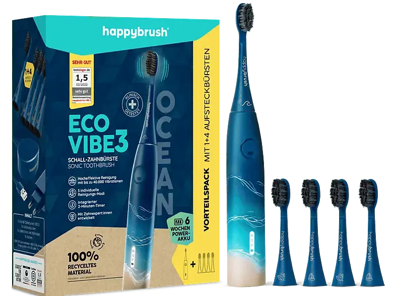 happybrush ECO VIBE 3 Starterkit mit 4 Aufsteckb&uuml;rsten Blau