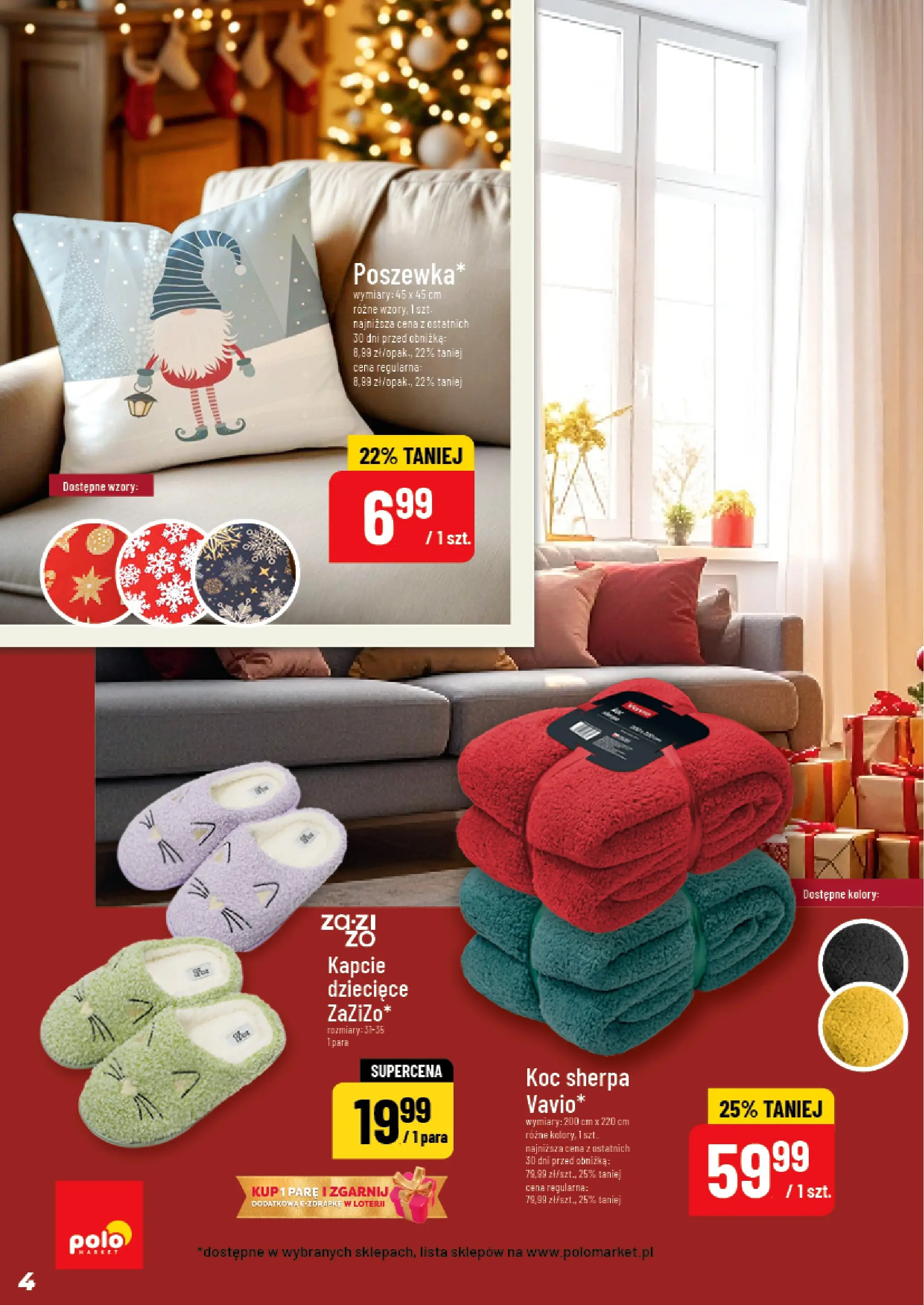 Nowa POLOmarket gazetka od jutra 10.12.2025 (PDF) | Strona: 4 | Produkty: Kapcie, Koc