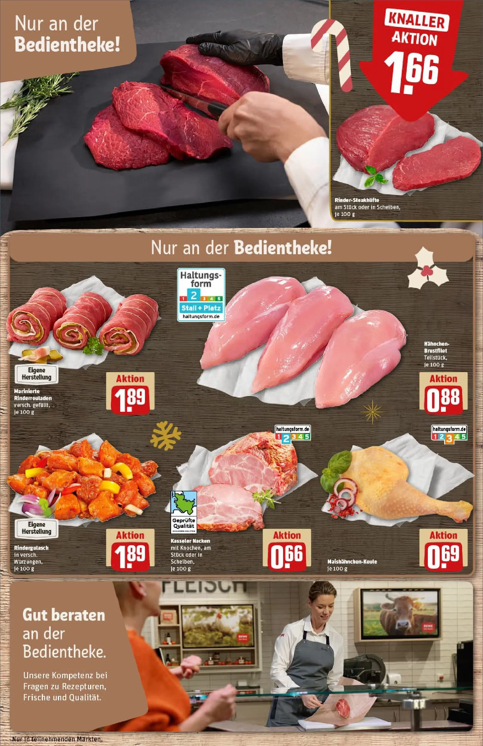 REWE Prospekt ab 15.12.2025 zum Blättern » Angebote | Seite: 10 | Produkte: Rinderrouladen, Rindergulasch, Hahnchen, Kasseler nacken