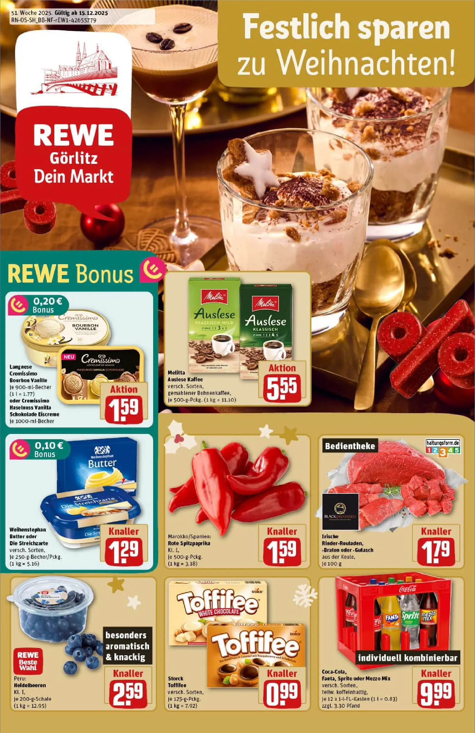 REWE Prospekt ab 15.12.2025 zum Blättern » Angebote | Seite: 1 | Produkte: Langnese, Langnese cremissimo, Kaffee, Bourbon