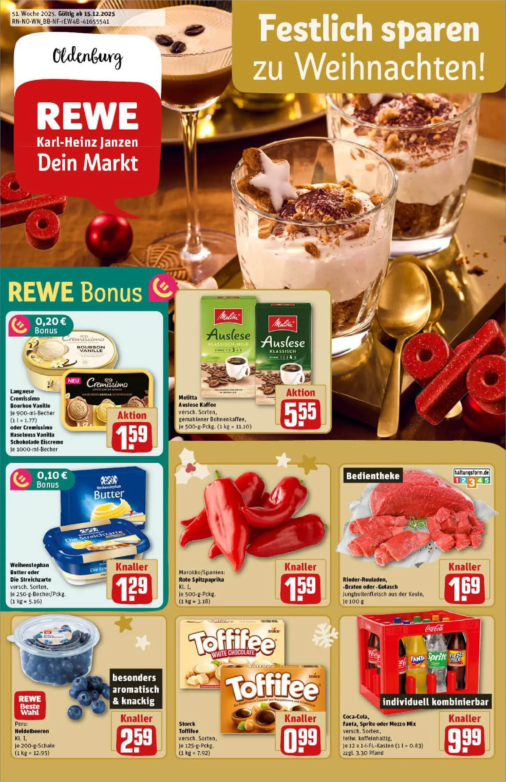 REWE Prospekt ab 15.12.2025 zum Blättern » Angebote | Seite: 1 | Produkte: Sprite, Weihenstephan butter, Toffifee, Oder mezzo mix