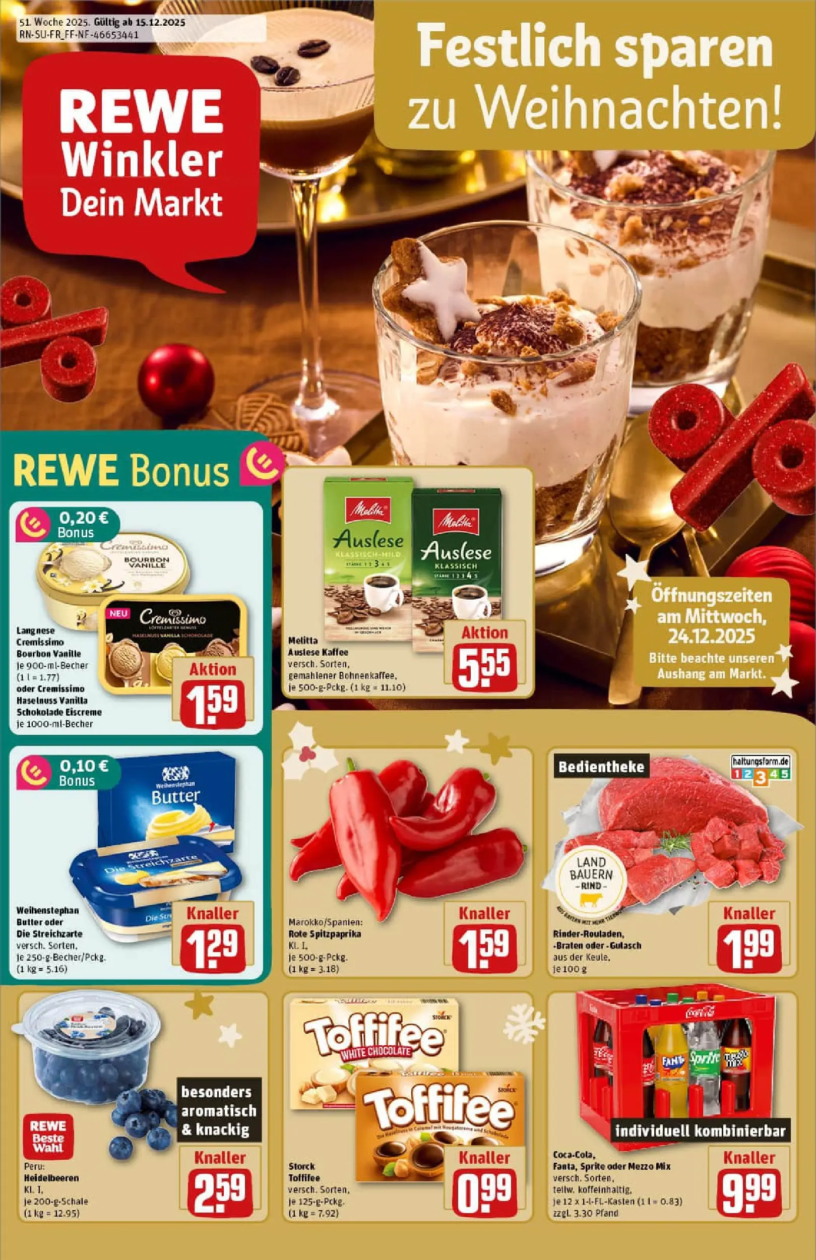 REWE Prospekt ab 15.12.2025 zum Blättern » Angebote | Seite: 1 | Produkte: Mezzo mix, Heidelbeeren, Toffifee, Oder mezzo mix