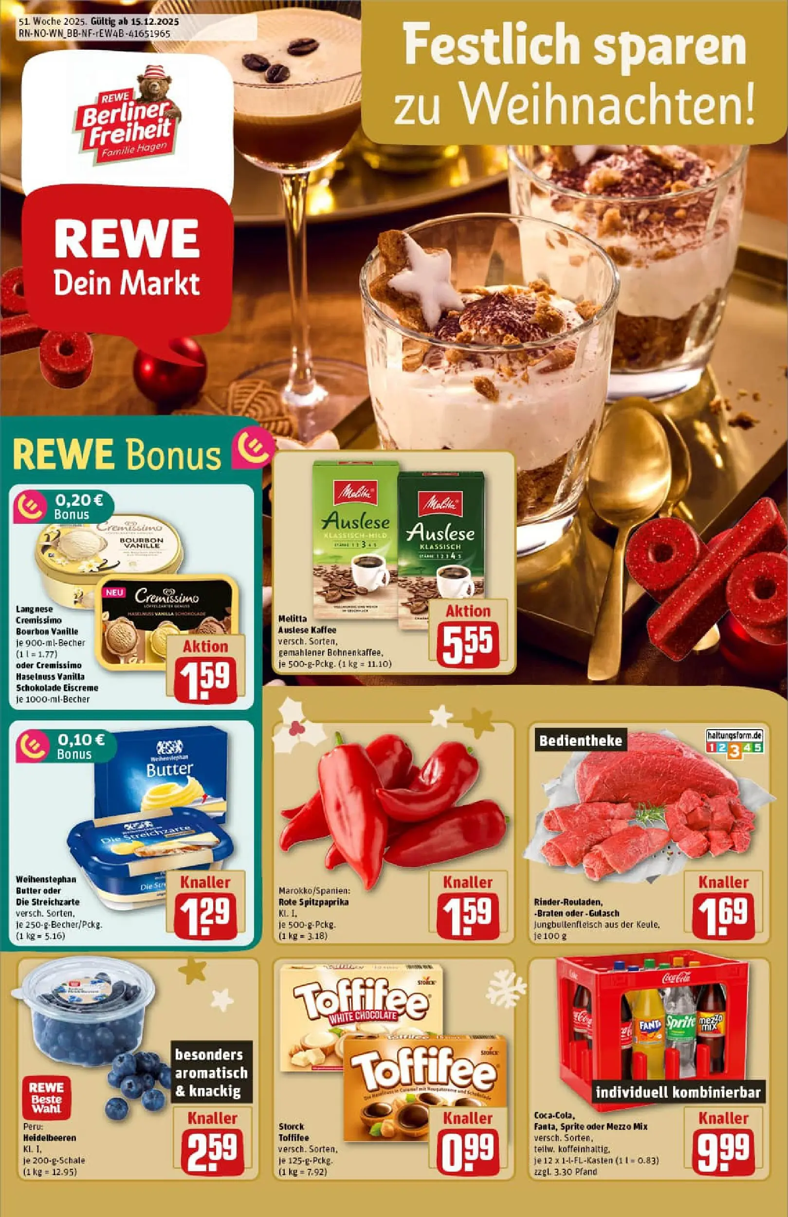 REWE Prospekt ab 15.12.2025 zum Blättern » Angebote | Seite: 1 | Produkte: Cremissimo, Butter, Kaffee, Heidelbeeren