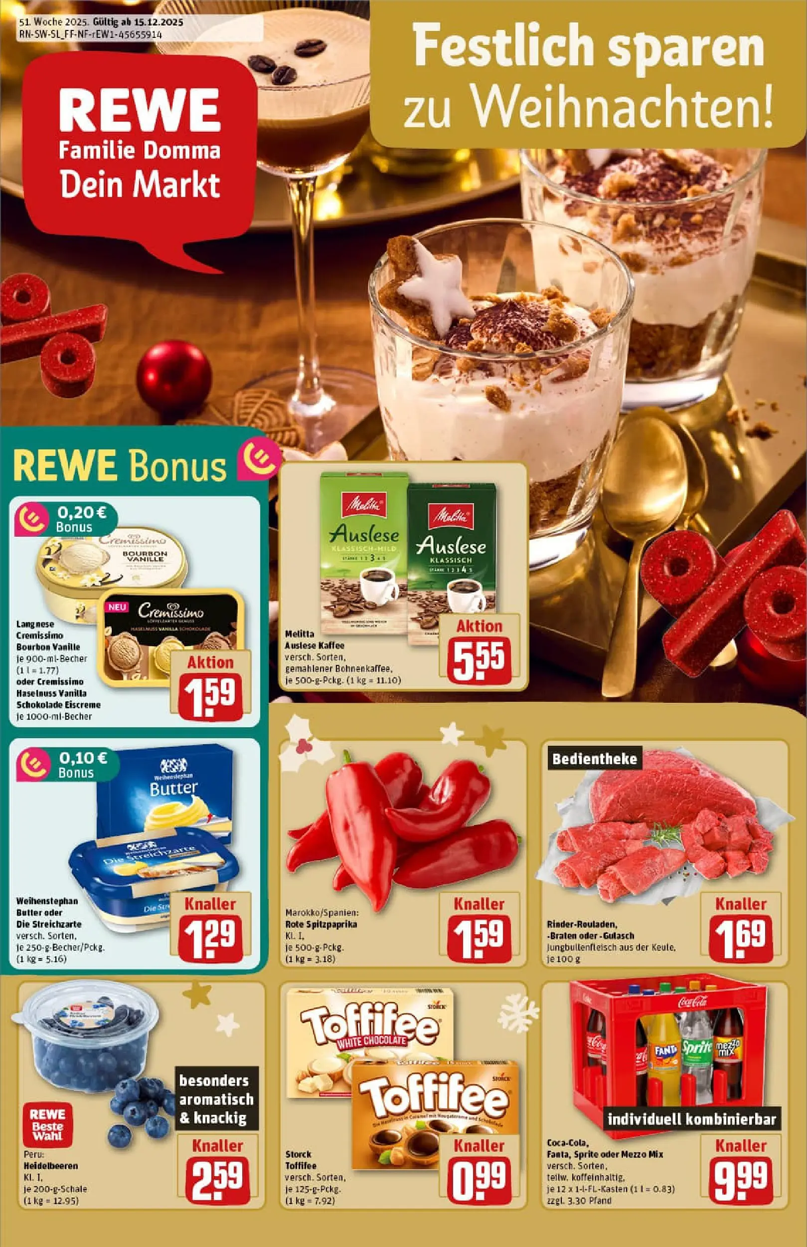 REWE Prospekt ab 15.12.2025 zum Blättern » Angebote | Seite: 1 | Produkte: Cremissimo, Mezzo mix, Eiscreme, Gulasch