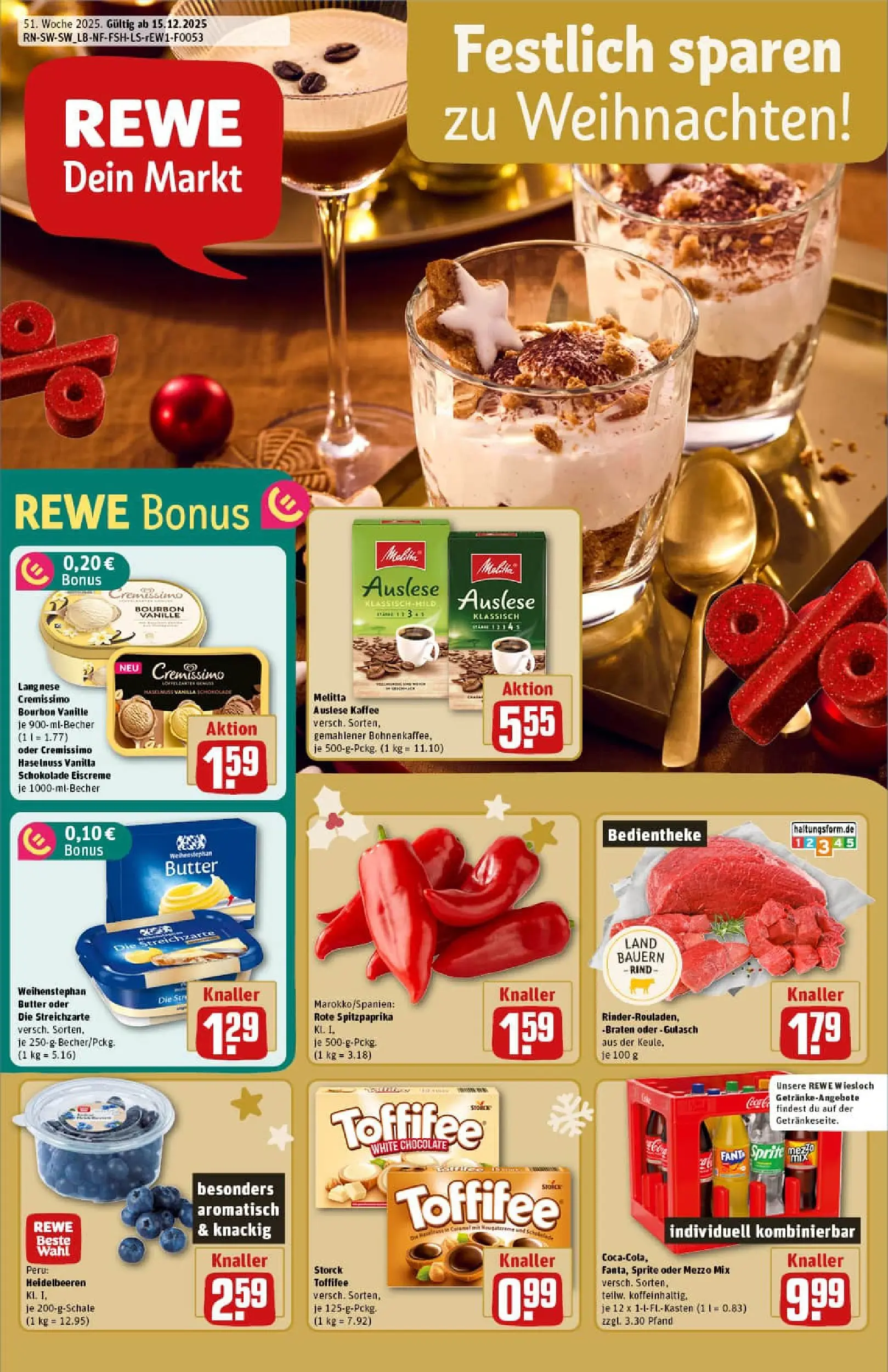 REWE Prospekt ab 15.12.2025 zum Blättern » Angebote | Seite: 1 | Produkte: Melitta, Sprite, Oder mezzo mix, Bourbon