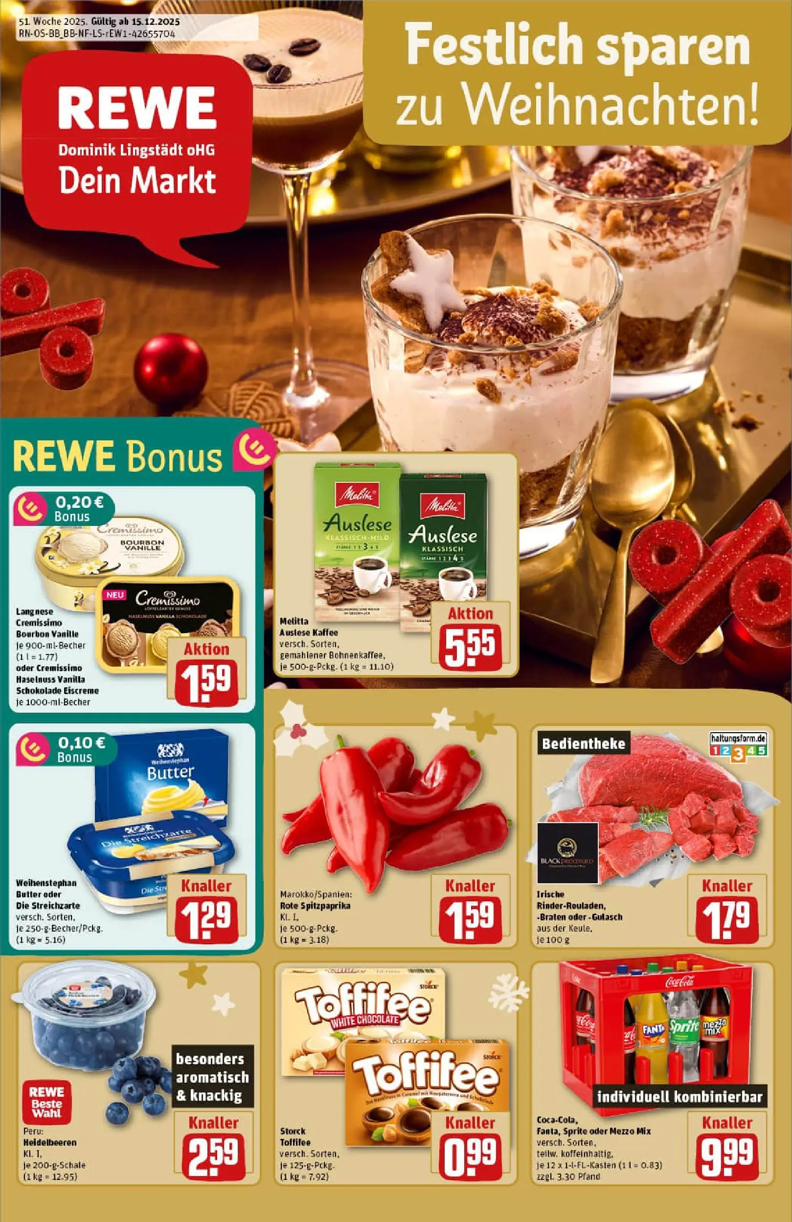 REWE Prospekt ab 15.12.2025 zum Blättern » Angebote | Seite: 1 | Produkte: Cremissimo, Mezzo mix, Sprite, Gulasch