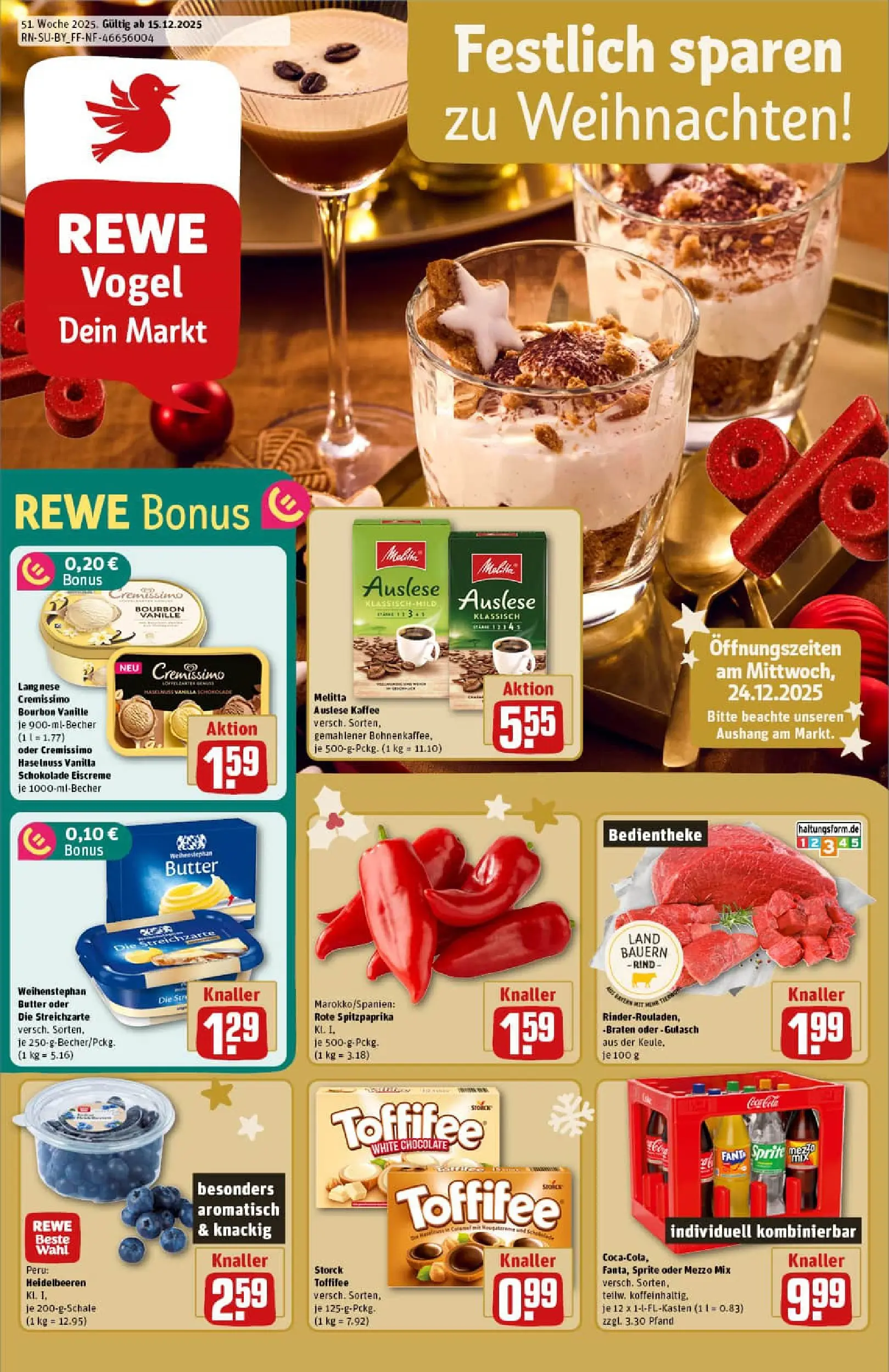 REWE Prospekt ab 15.12.2025 zum Blättern » Angebote | Seite: 1 | Produkte: Butter, Eiscreme, Gulasch, Bourbon