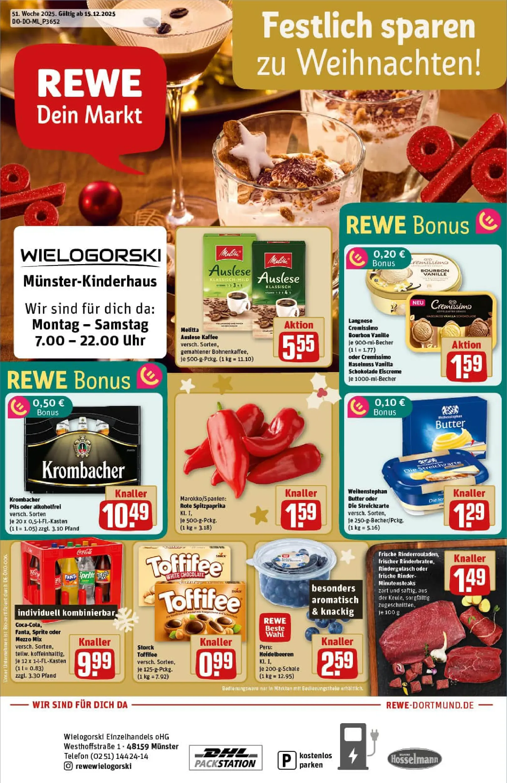 REWE Prospekt ab 15.12.2025 zum Blättern » Angebote | Seite: 1 | Produkte: Cremissimo, Sprite, Eiscreme, Heidelbeeren