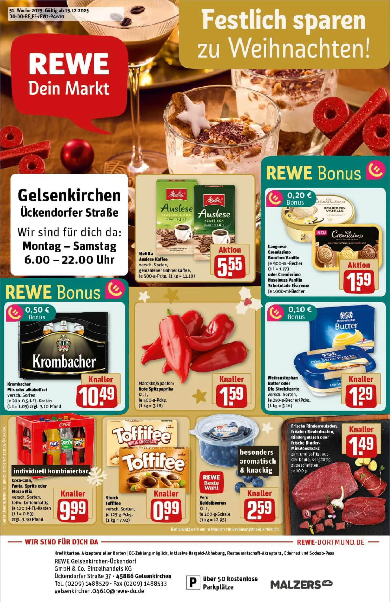 REWE Prospekt ab 15.12.2025 zum Blättern » Angebote | Seite: 1 | Produkte: Melitta, Heidelbeeren, Toffifee, Krombacher