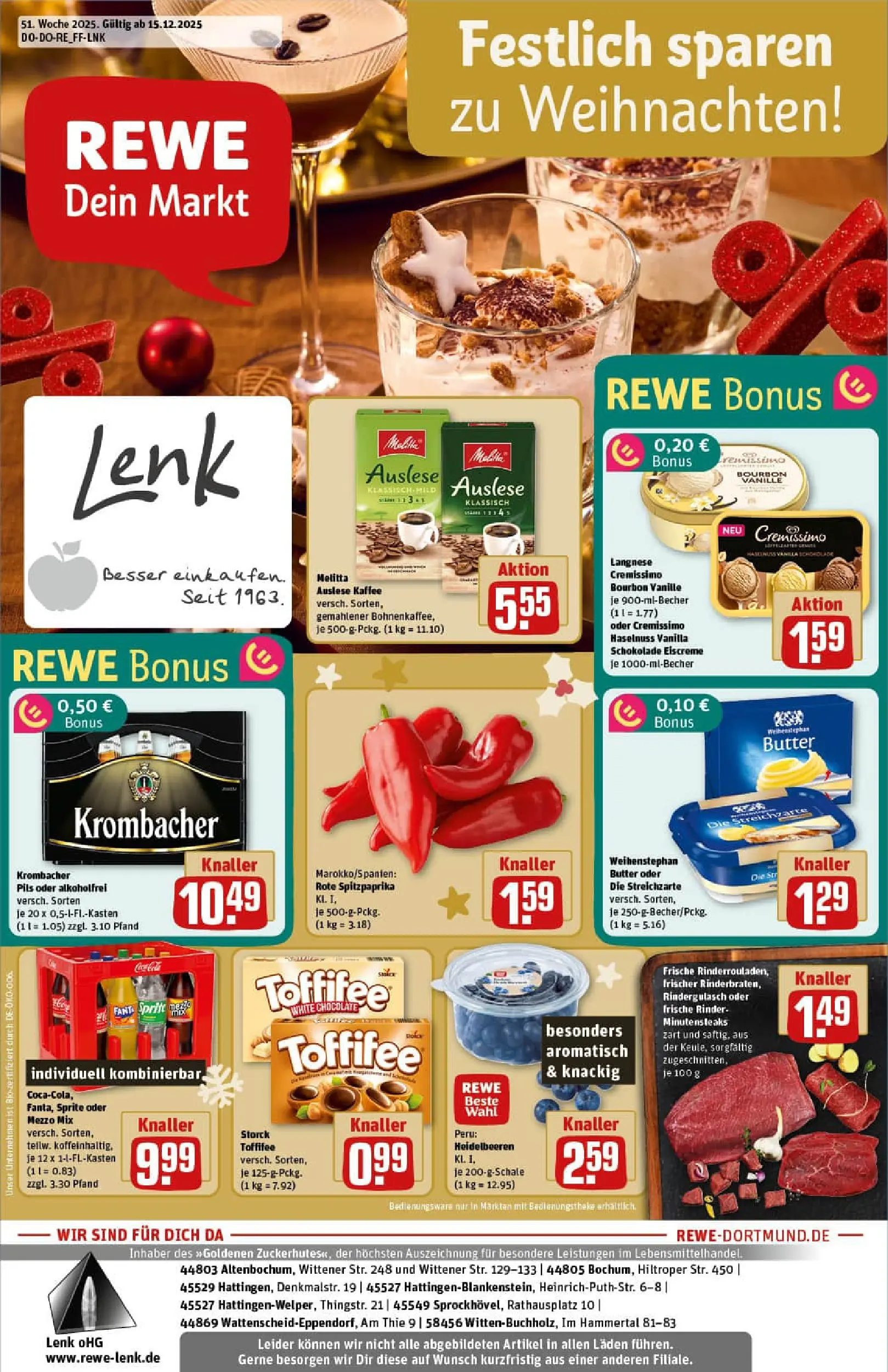 REWE Prospekt ab 15.12.2025 zum Blättern » Angebote | Seite: 1 | Produkte: Langnese, Weihenstephan butter, Toffifee, Oder mezzo mix