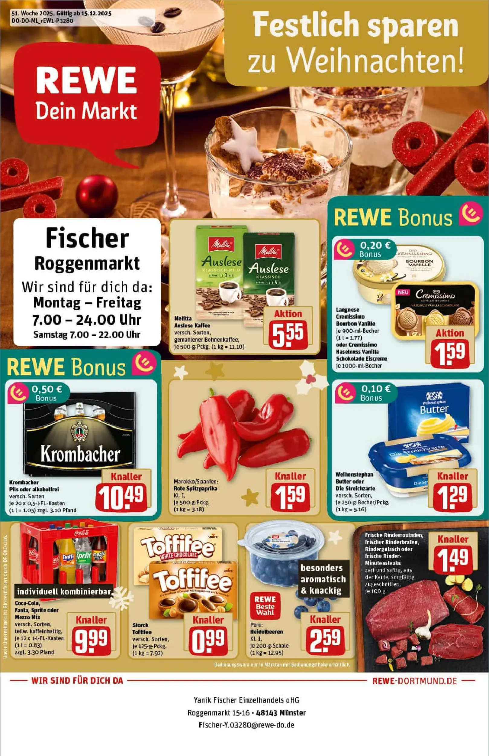 REWE Prospekt ab 15.12.2025 zum Blättern » Angebote | Seite: 1 | Produkte: Rindergulasch, Kaffee, Schokolade, Toffifee