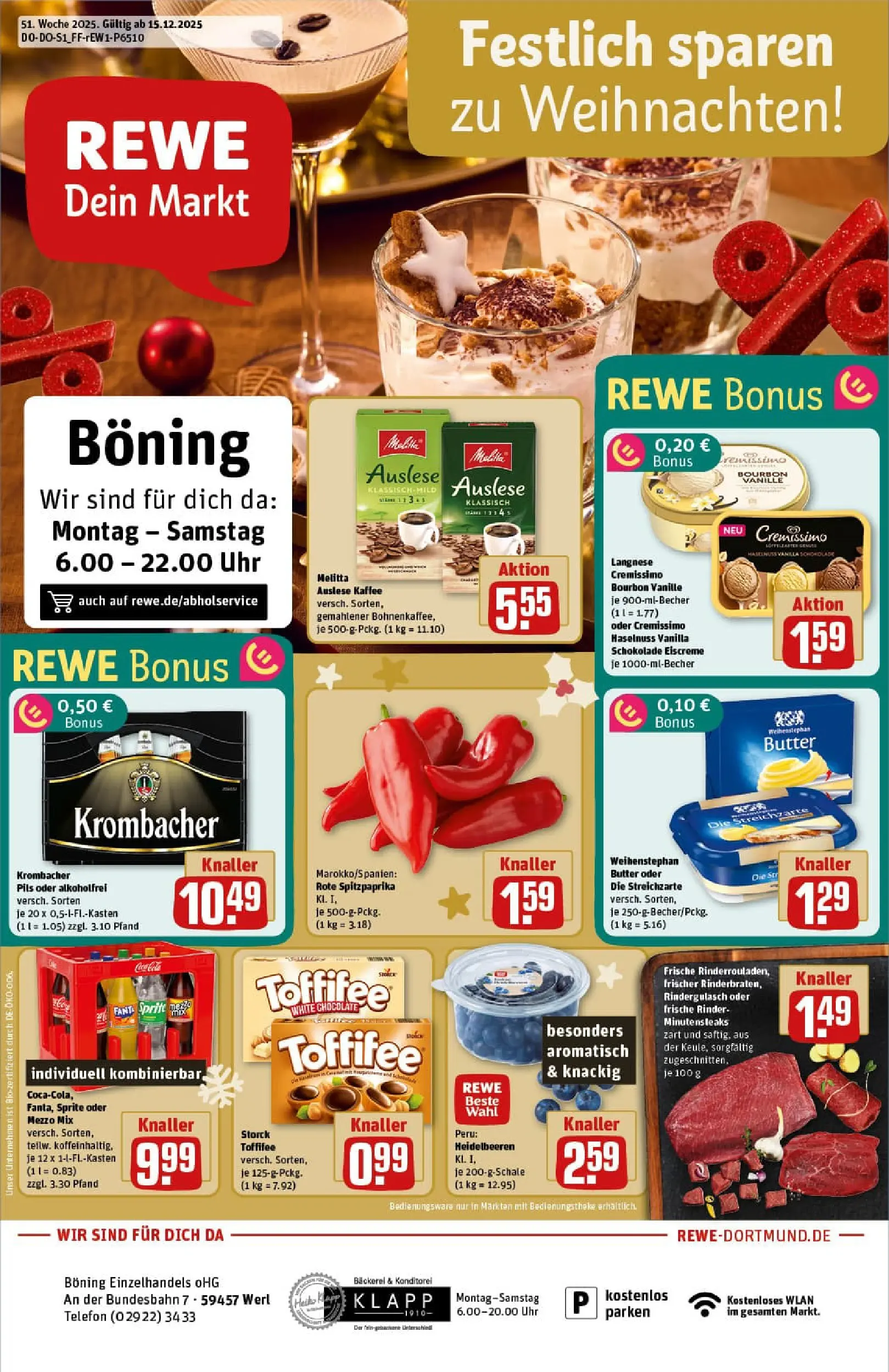 REWE Prospekt ab 15.12.2025 zum Blättern » Angebote | Seite: 1 | Produkte: Melitta, Krombacher, Bourbon, Uhr