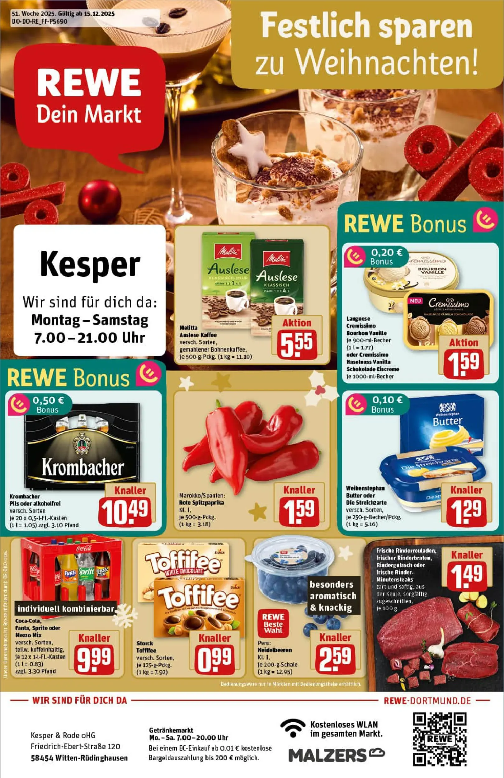 REWE Prospekt ab 15.12.2025 zum Blättern » Angebote | Seite: 1 | Produkte: Cremissimo, Eiscreme, Heidelbeeren, Toffifee