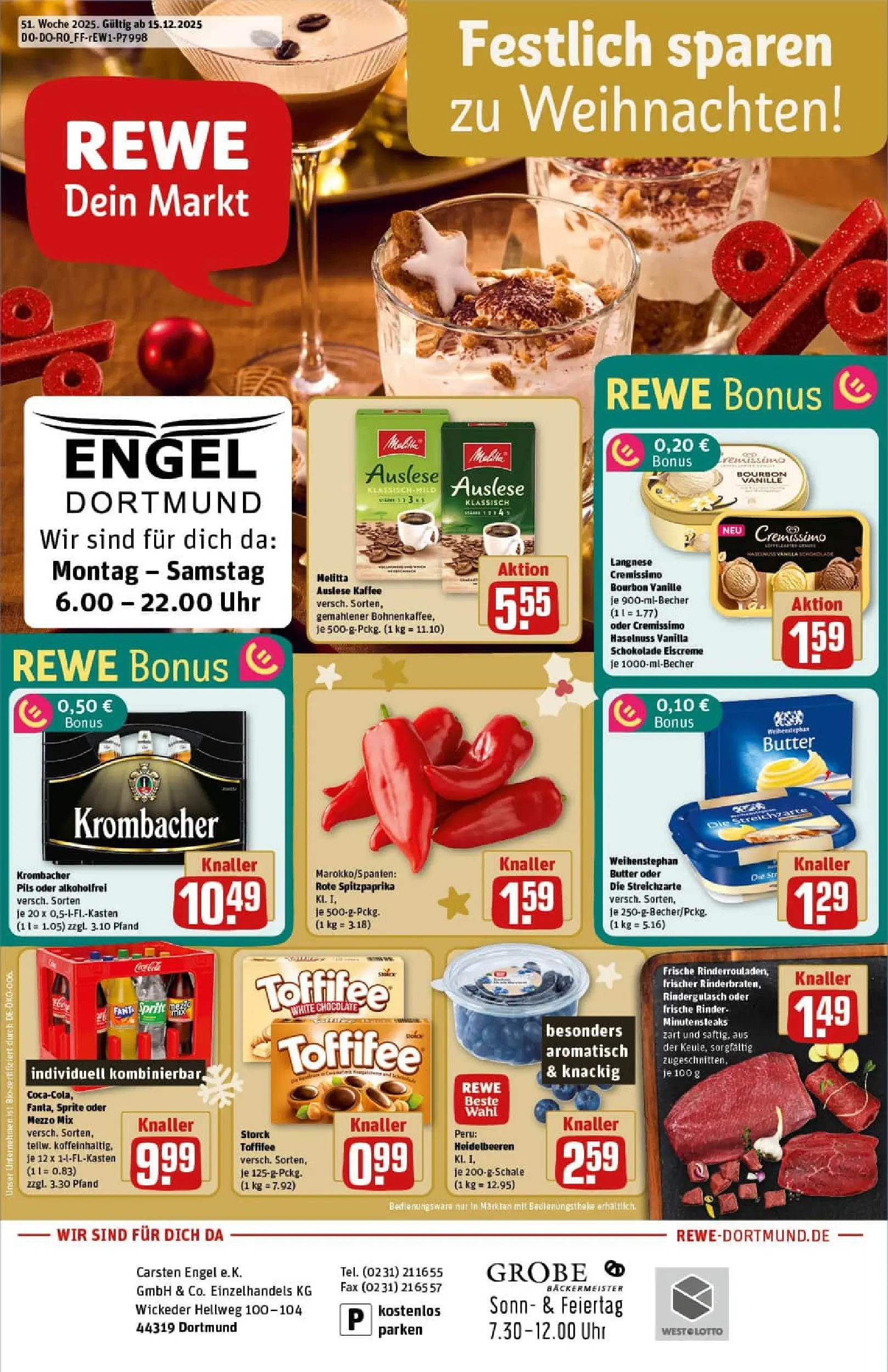 REWE Prospekt ab 15.12.2025 zum Blättern » Angebote | Seite: 1 | Produkte: Cremissimo, Pils, Heidelbeeren, Krombacher