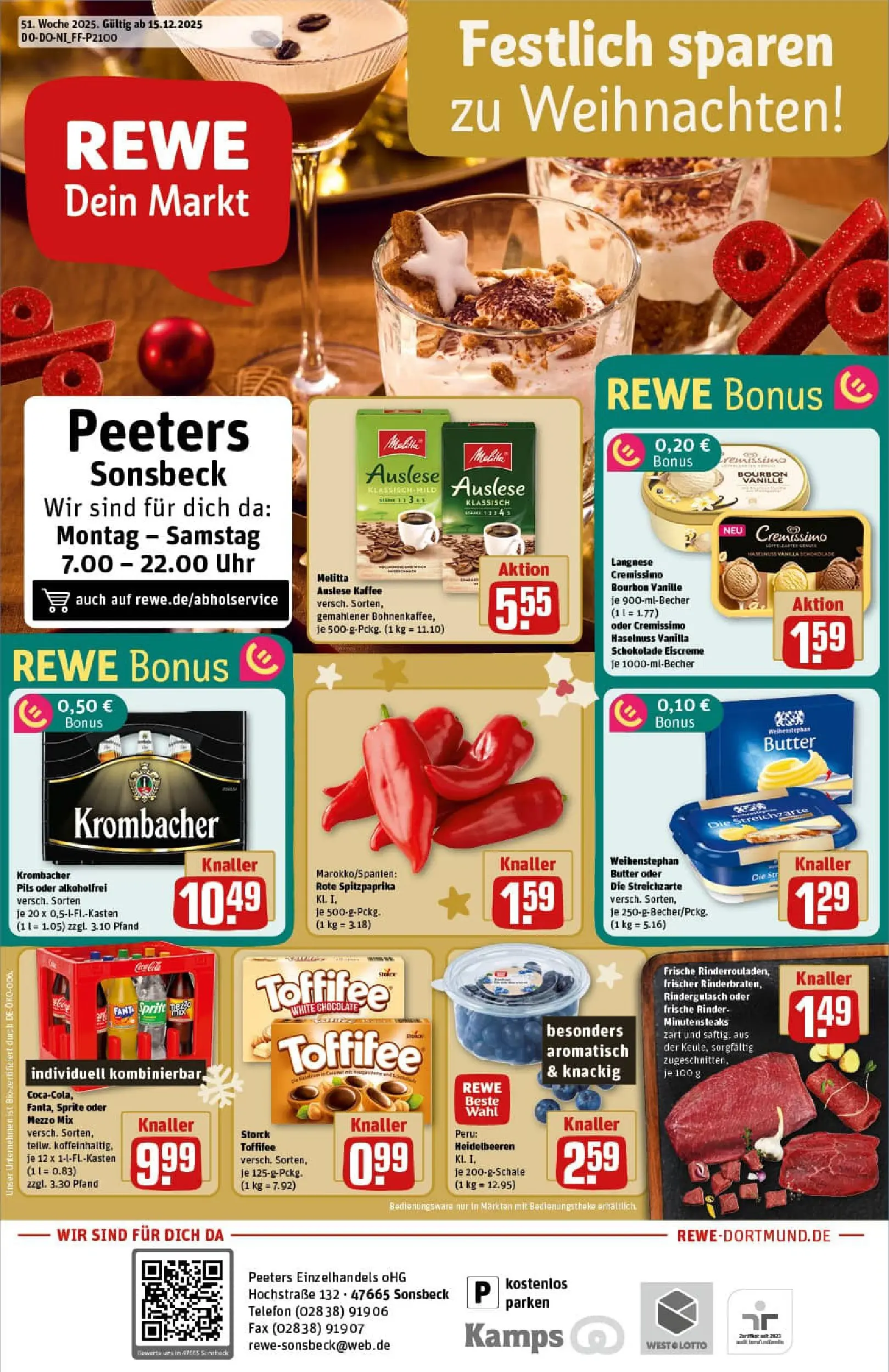 REWE Prospekt ab 15.12.2025 zum Blättern » Angebote | Seite: 1 | Produkte: Rindergulasch, Butter, Telefon, Uhr