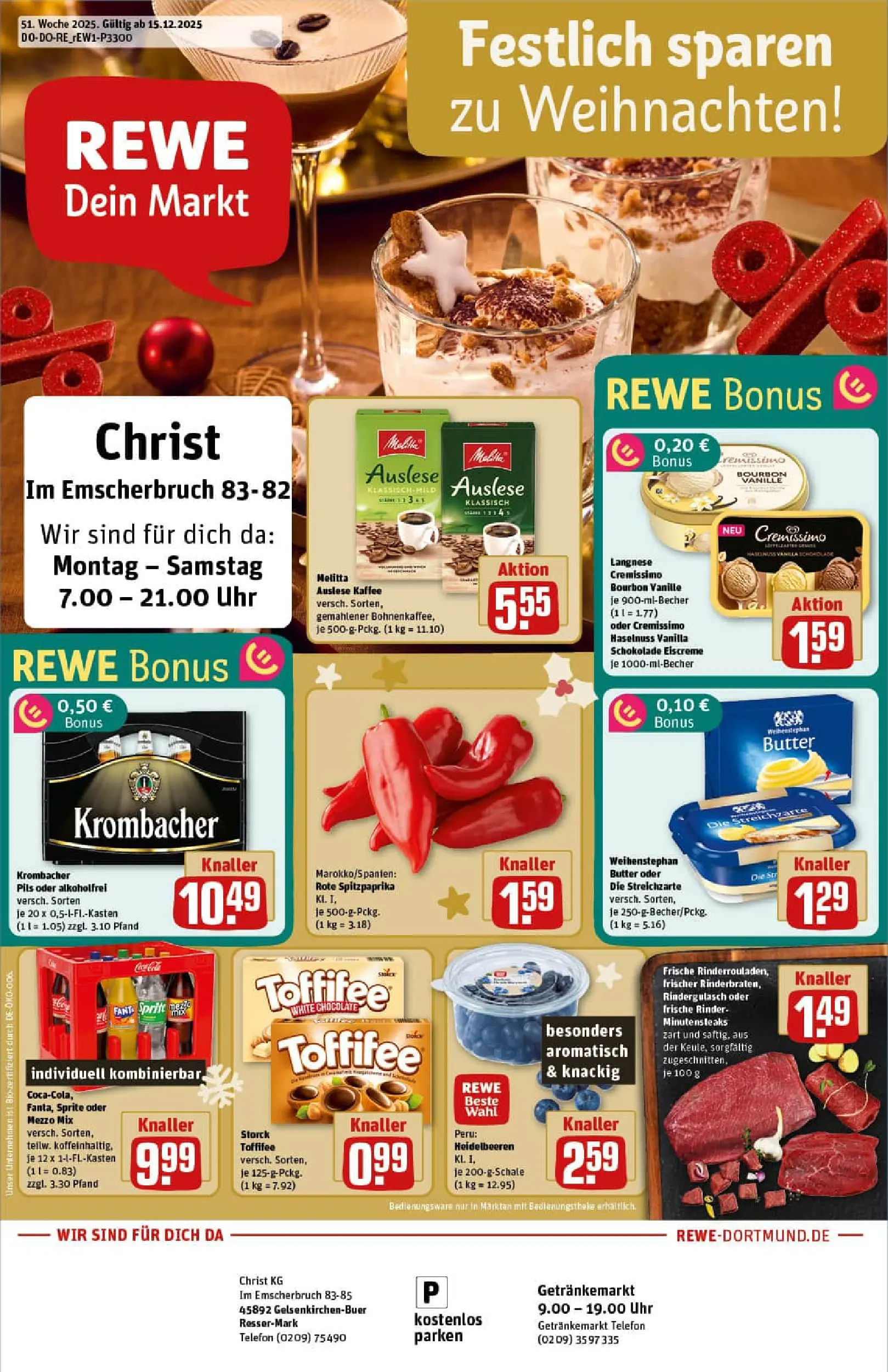 REWE Prospekt ab 15.12.2025 zum Blättern » Angebote | Seite: 1 | Produkte: Melitta, Langnese, Langnese cremissimo, Heidelbeeren