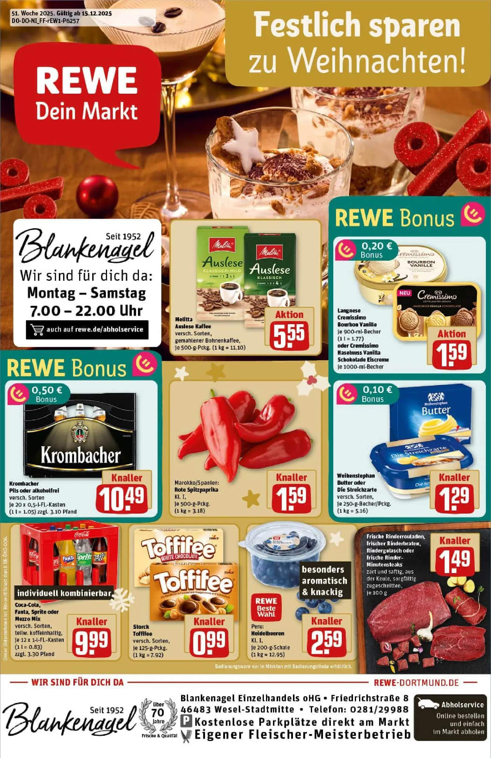 REWE Prospekt ab 15.12.2025 zum Blättern » Angebote | Seite: 1 | Produkte: Melitta, Langnese, Langnese cremissimo, Butter