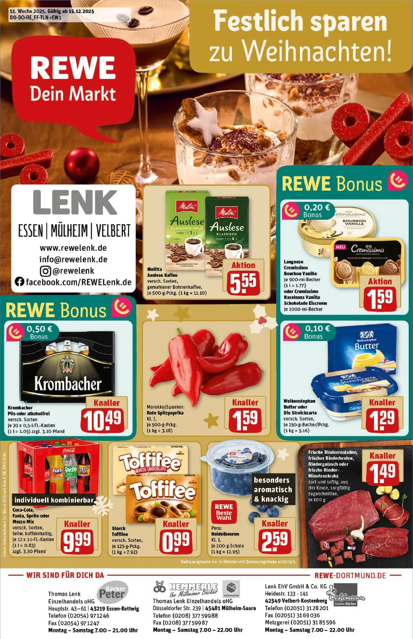 REWE Prospekt ab 15.12.2025 zum Blättern » Angebote | Seite: 1 | Produkte: Langnese cremissimo, Kaffee, Weihenstephan butter, Heidelbeeren