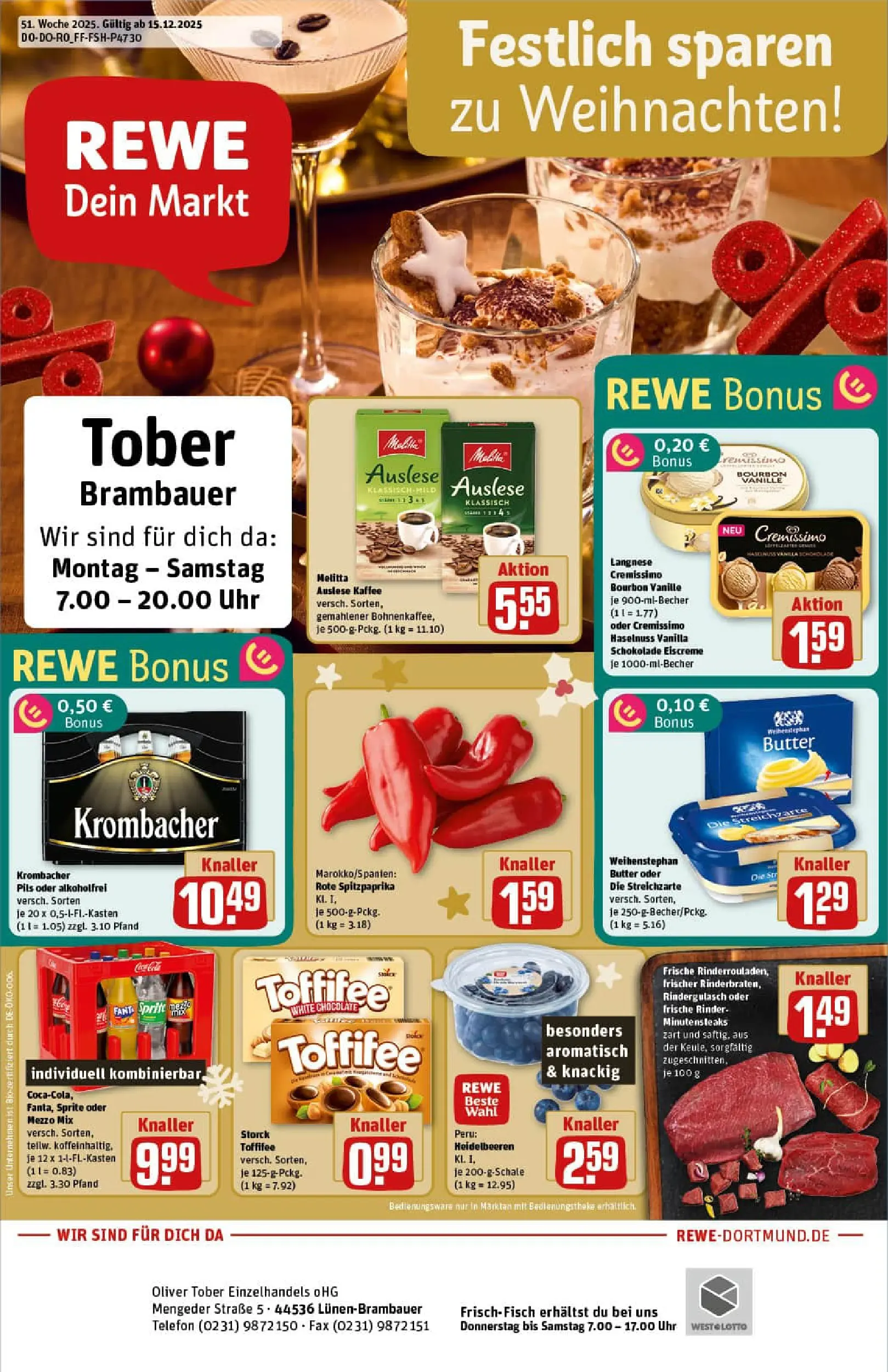REWE Prospekt ab 15.12.2025 zum Blättern » Angebote | Seite: 1 | Produkte: Melitta, Langnese cremissimo, Mezzo mix, Eiscreme