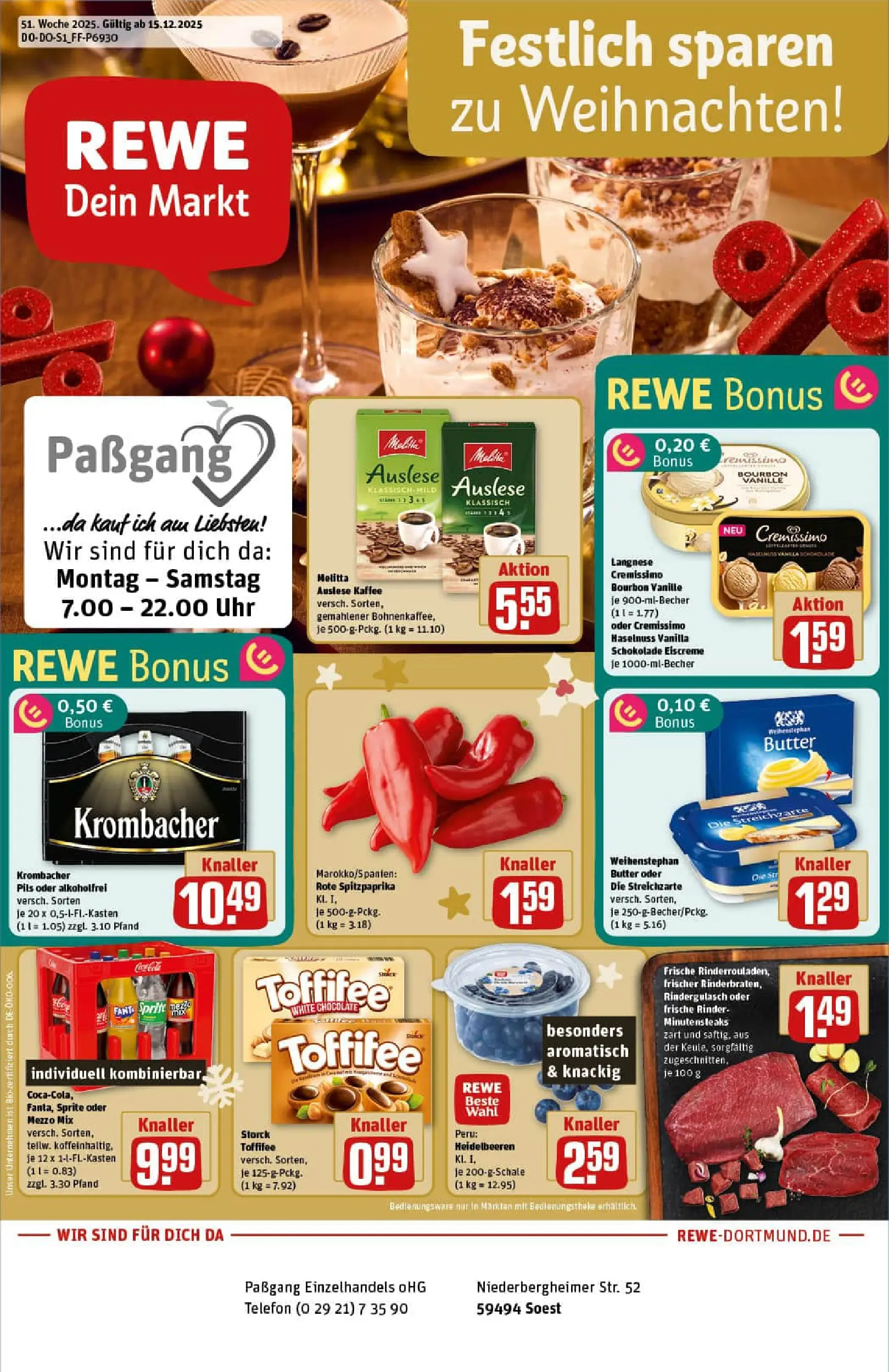 REWE Prospekt ab 15.12.2025 zum Blättern » Angebote | Seite: 1 | Produkte: Melitta, Sprite, Butter, Heidelbeeren