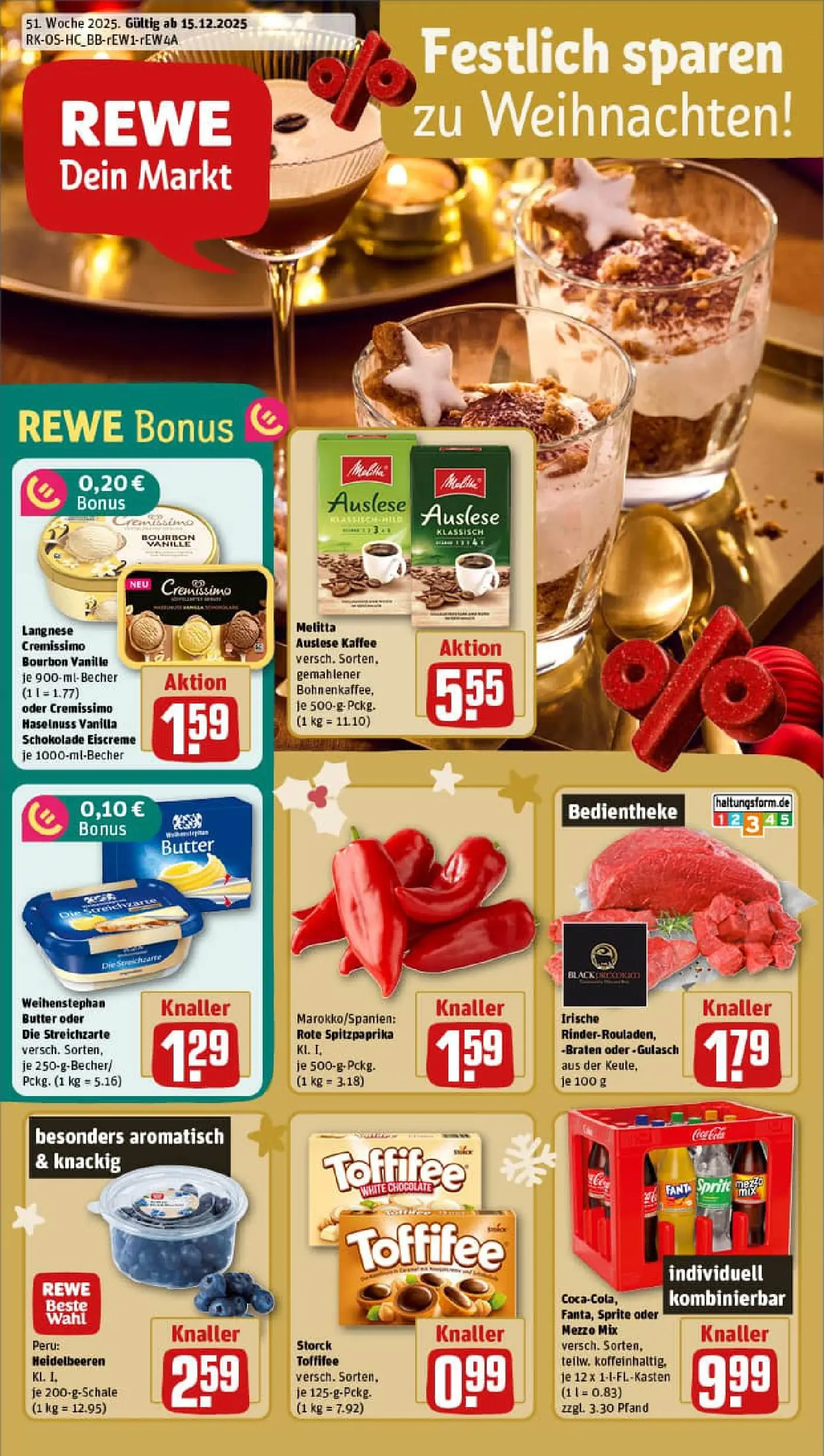 REWE Prospekt ab 15.12.2025 zum Blättern » Angebote | Seite: 1 | Produkte: Cremissimo, Schokolade, Weihenstephan butter, Bourbon