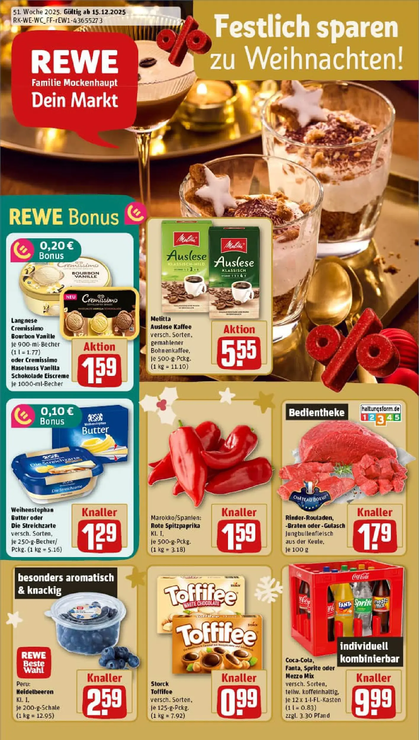 REWE Prospekt ab 15.12.2025 zum Blättern » Angebote | Seite: 1 | Produkte: Melitta, Sprite, Eiscreme, Oder mezzo mix