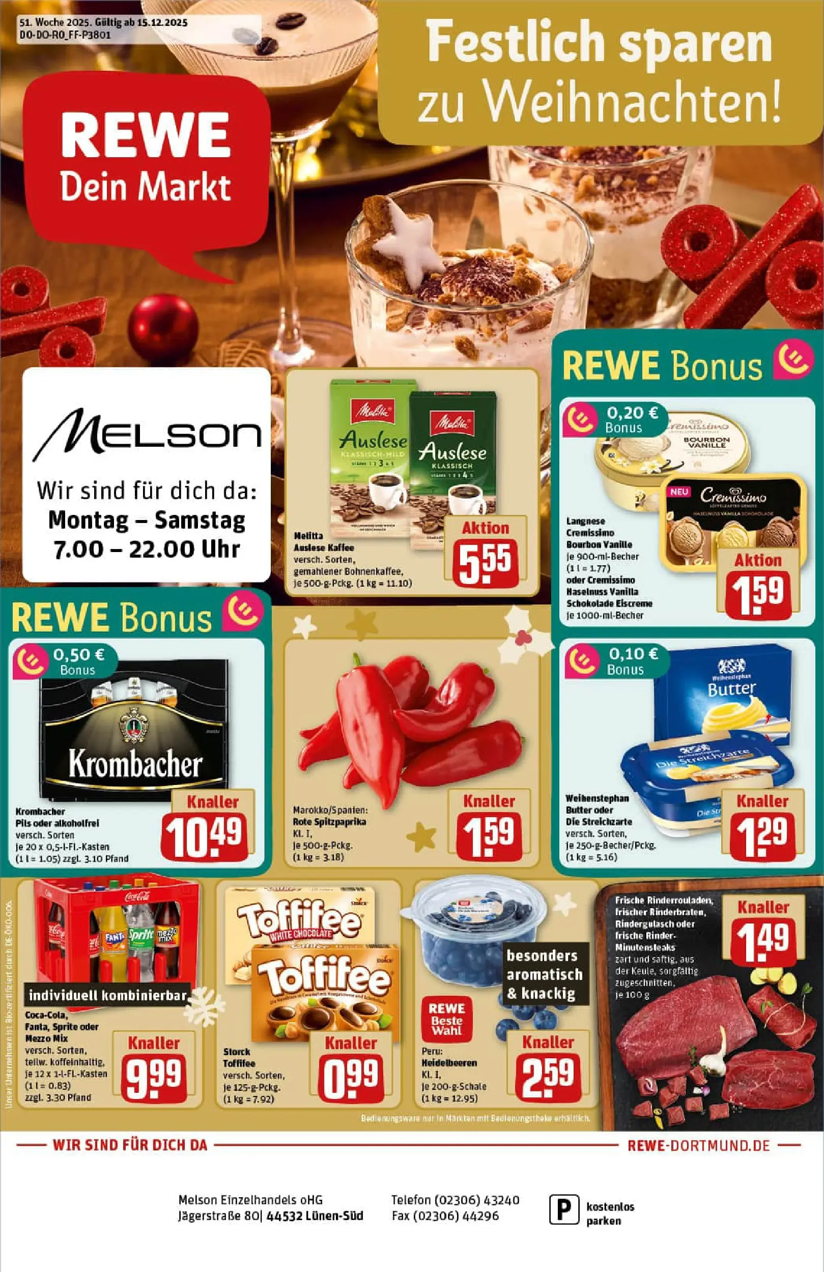 REWE Prospekt ab 15.12.2025 zum Blättern » Angebote | Seite: 1 | Produkte: Melitta, Cremissimo, Pils, Bourbon