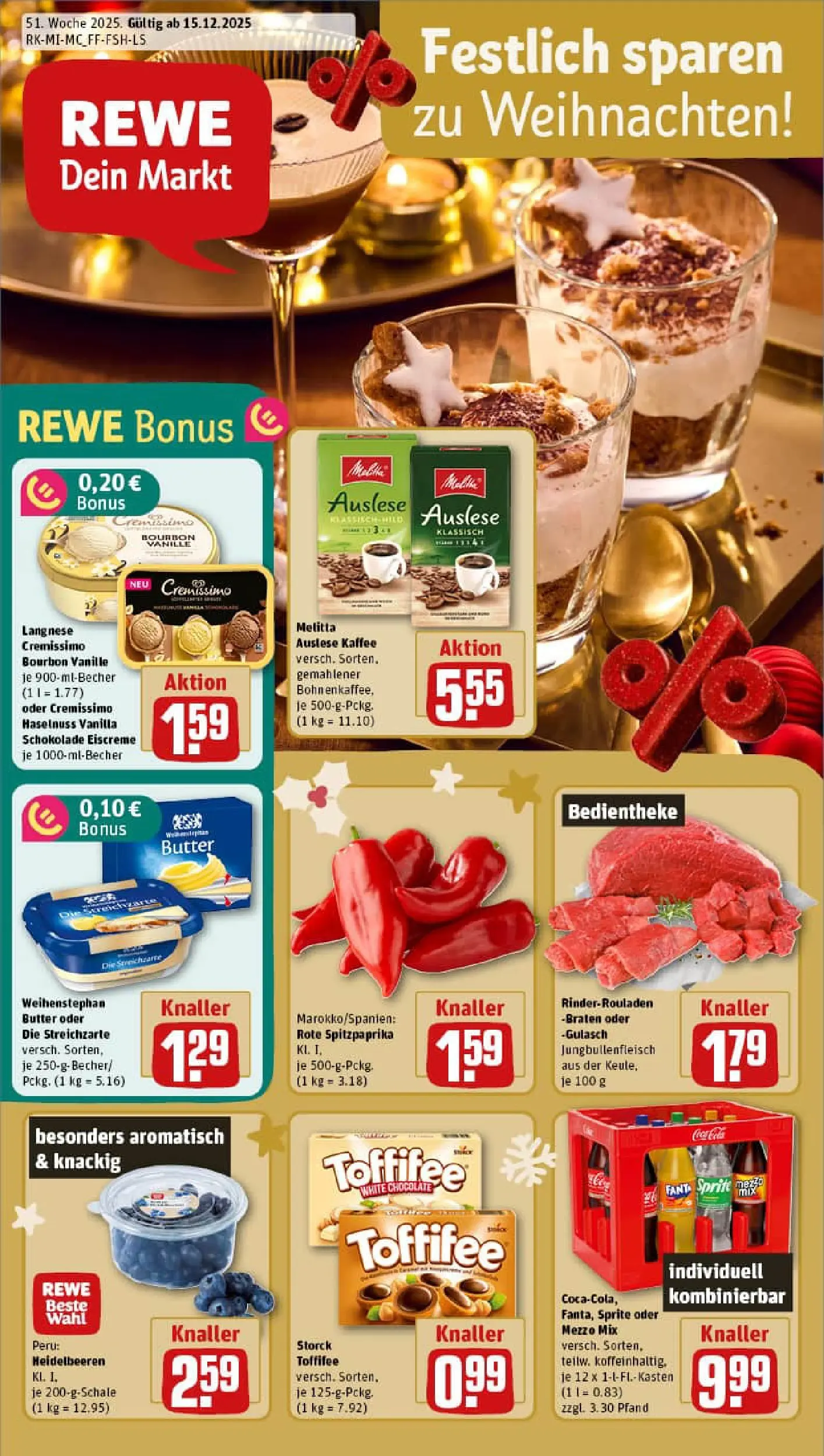 REWE Prospekt ab 15.12.2025 zum Blättern » Angebote | Seite: 1 | Produkte: Cremissimo, Kaffee, Weihenstephan butter, Oder mezzo mix