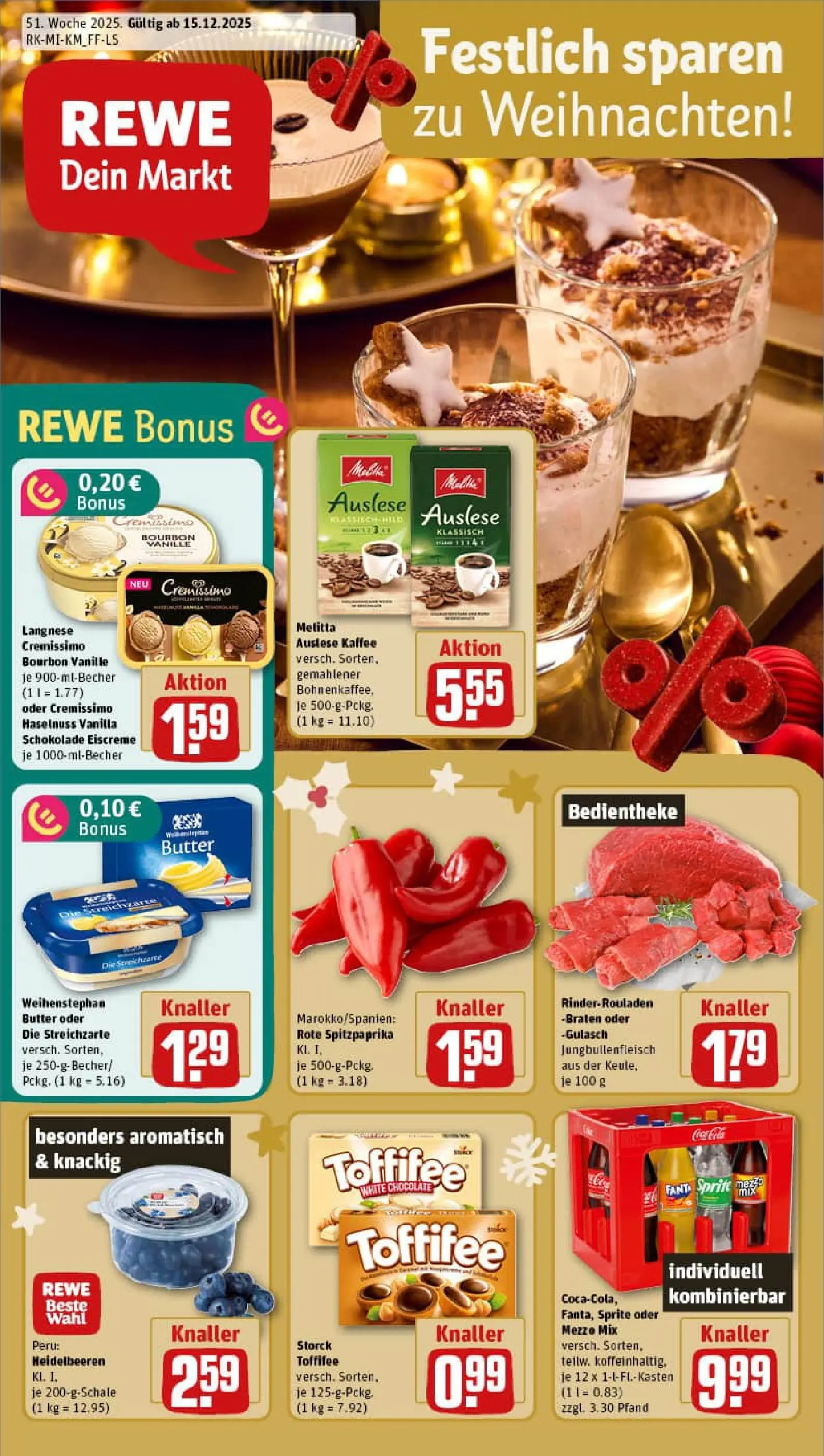 REWE Prospekt ab 15.12.2025 zum Blättern » Angebote | Seite: 1 | Produkte: Rinderrouladen, Langnese cremissimo, Mezzo mix, Kaffee