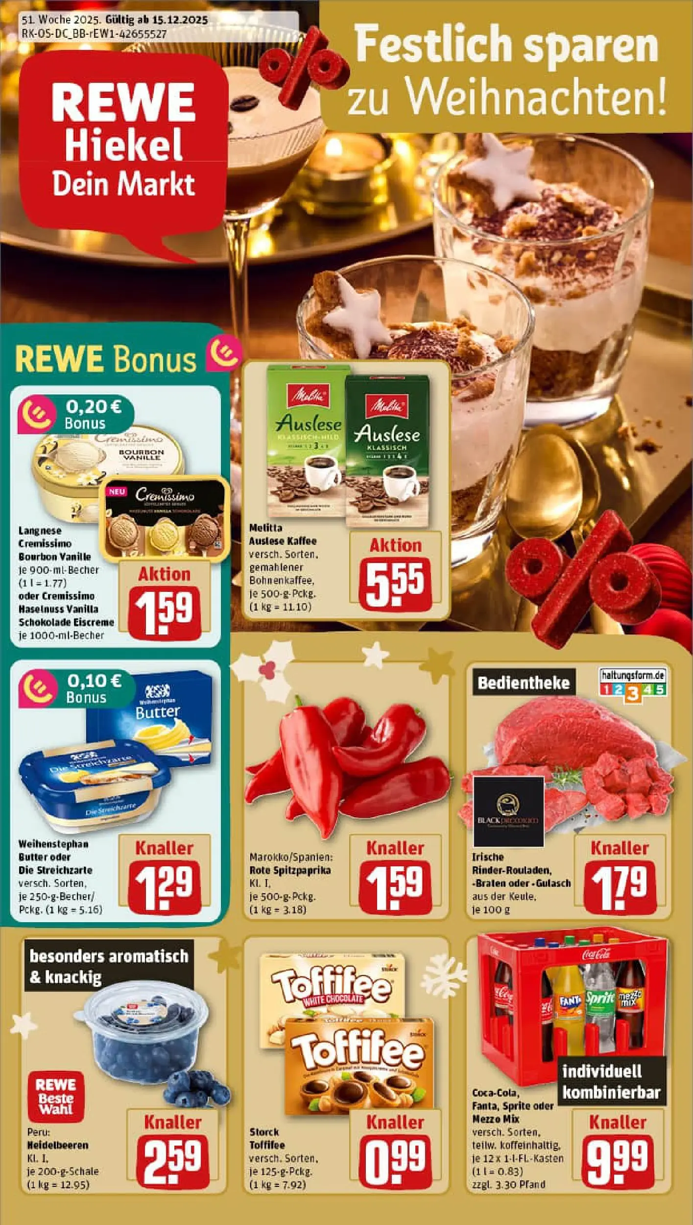 REWE Prospekt ab 15.12.2025 zum Blättern » Angebote | Seite: 1 | Produkte: Melitta, Kaffee, Schokolade, Weihenstephan butter