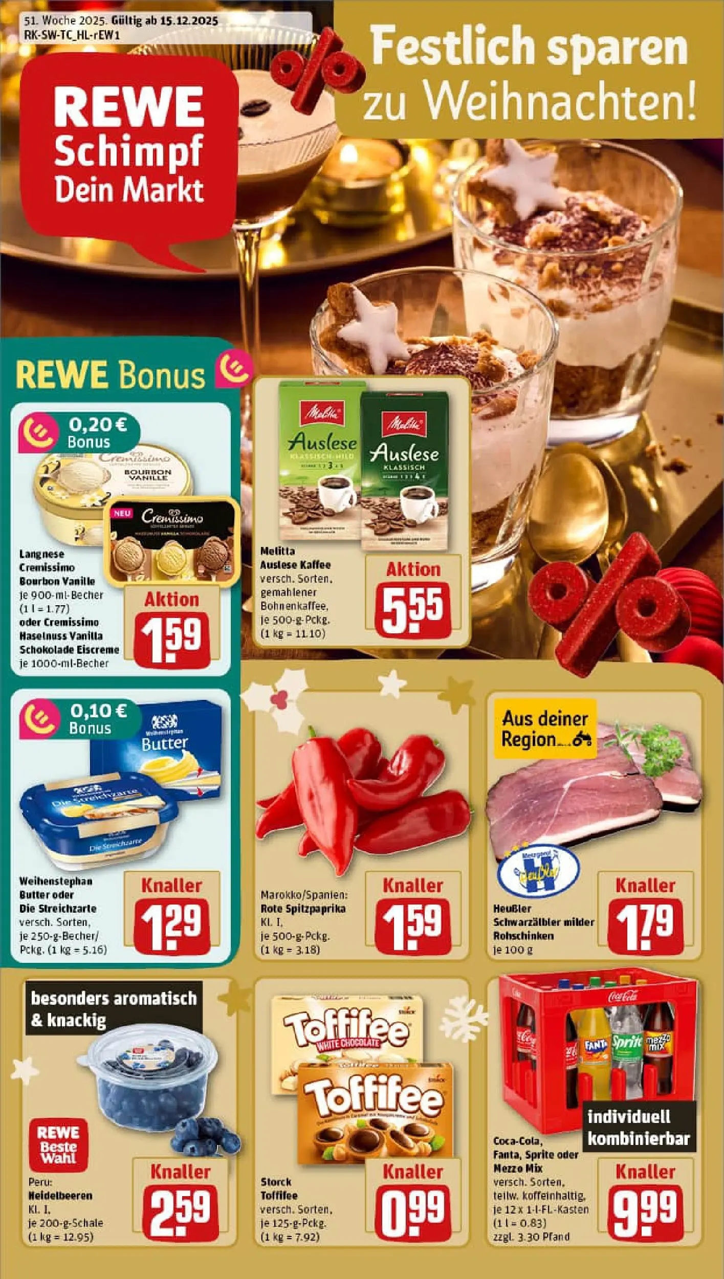REWE Prospekt ab 15.12.2025 zum Blättern » Angebote | Seite: 1 | Produkte: Cremissimo, Kaffee, Toffifee, Bourbon