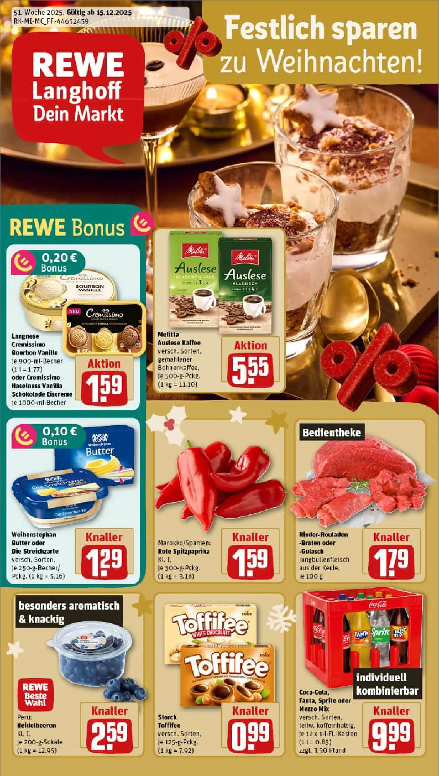 REWE Prospekt ab 15.12.2025 zum Blättern » Angebote | Seite: 1 | Produkte: Langnese, Butter, Toffifee, Bourbon