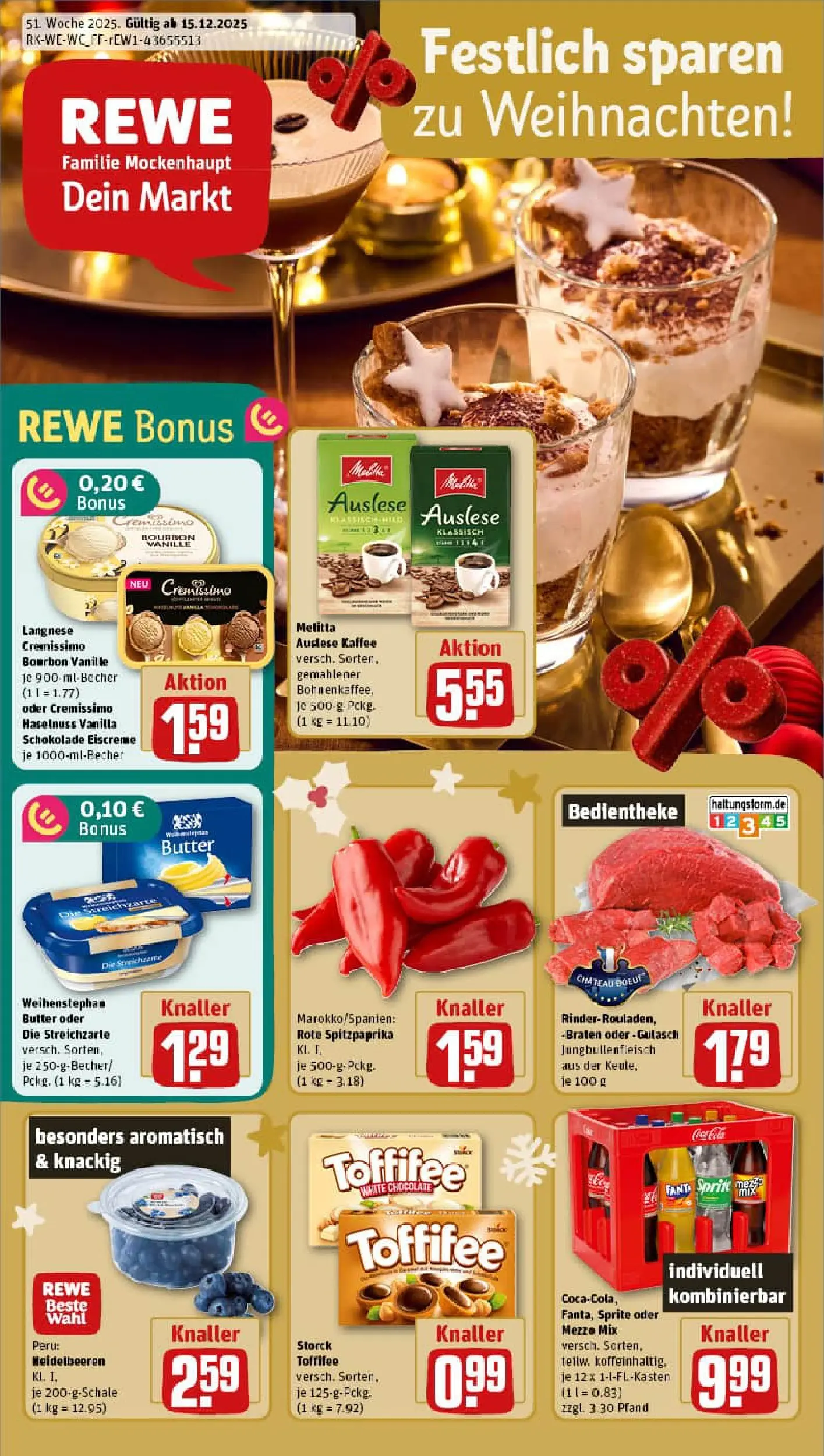 REWE Prospekt ab 15.12.2025 zum Blättern » Angebote | Seite: 1 | Produkte: Sprite, Kaffee, Weihenstephan butter, Oder mezzo mix