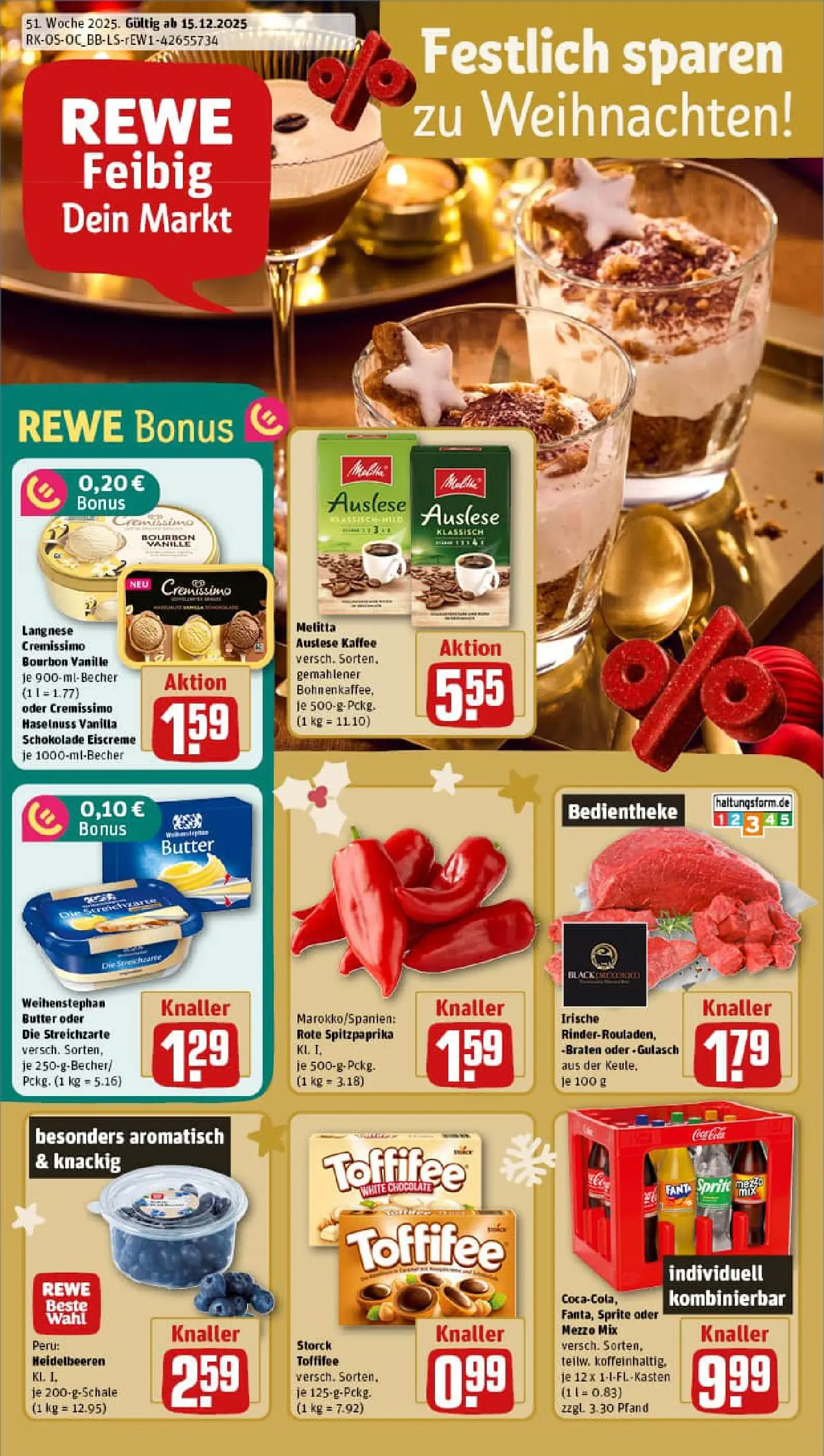 REWE Prospekt ab 15.12.2025 zum Blättern » Angebote | Seite: 1 | Produkte: Butter, Kaffee, Eiscreme, Toffifee