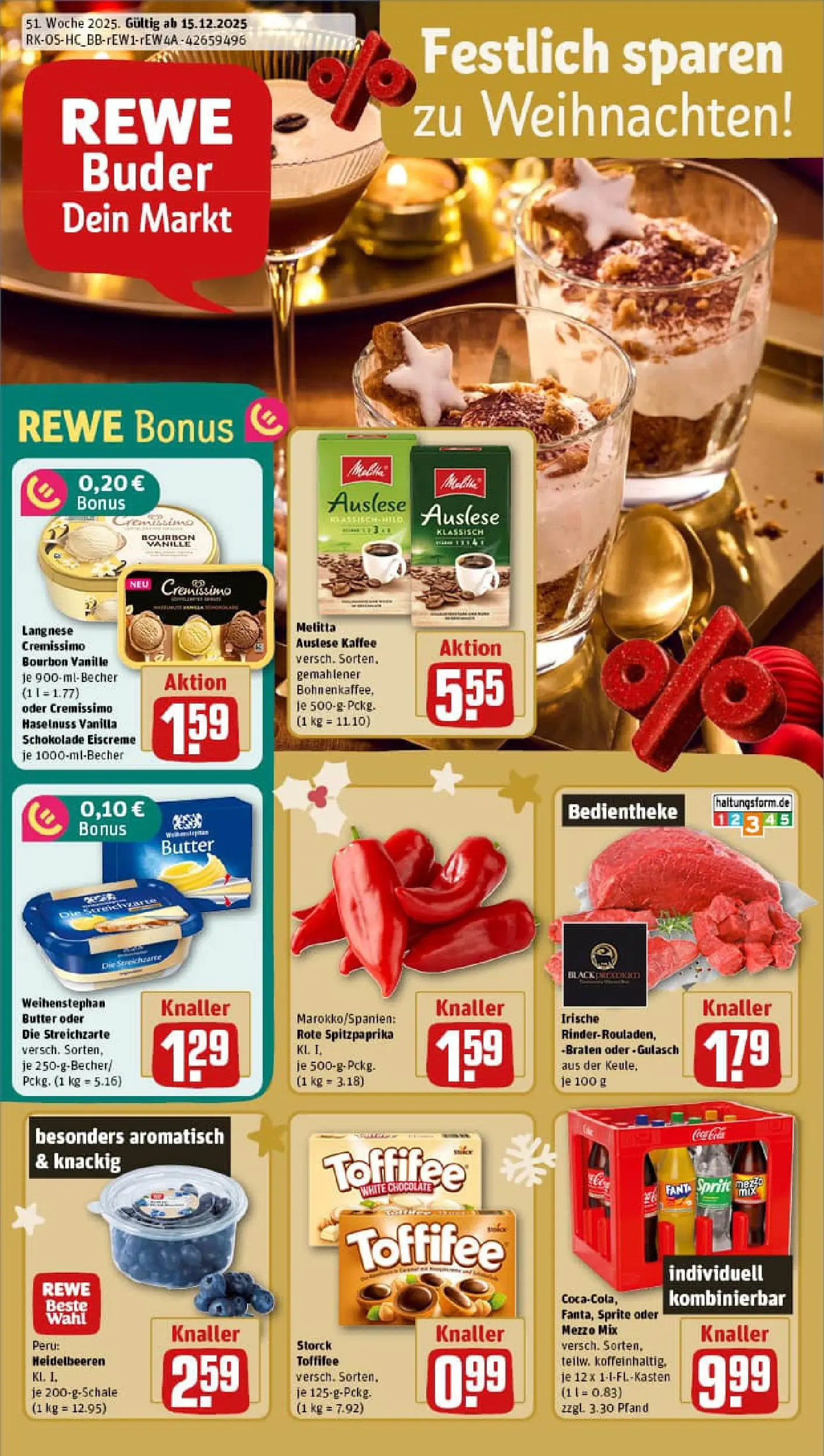 REWE Prospekt ab 15.12.2025 zum Blättern » Angebote | Seite: 1 | Produkte: Langnese cremissimo, Mezzo mix, Butter, Gulasch