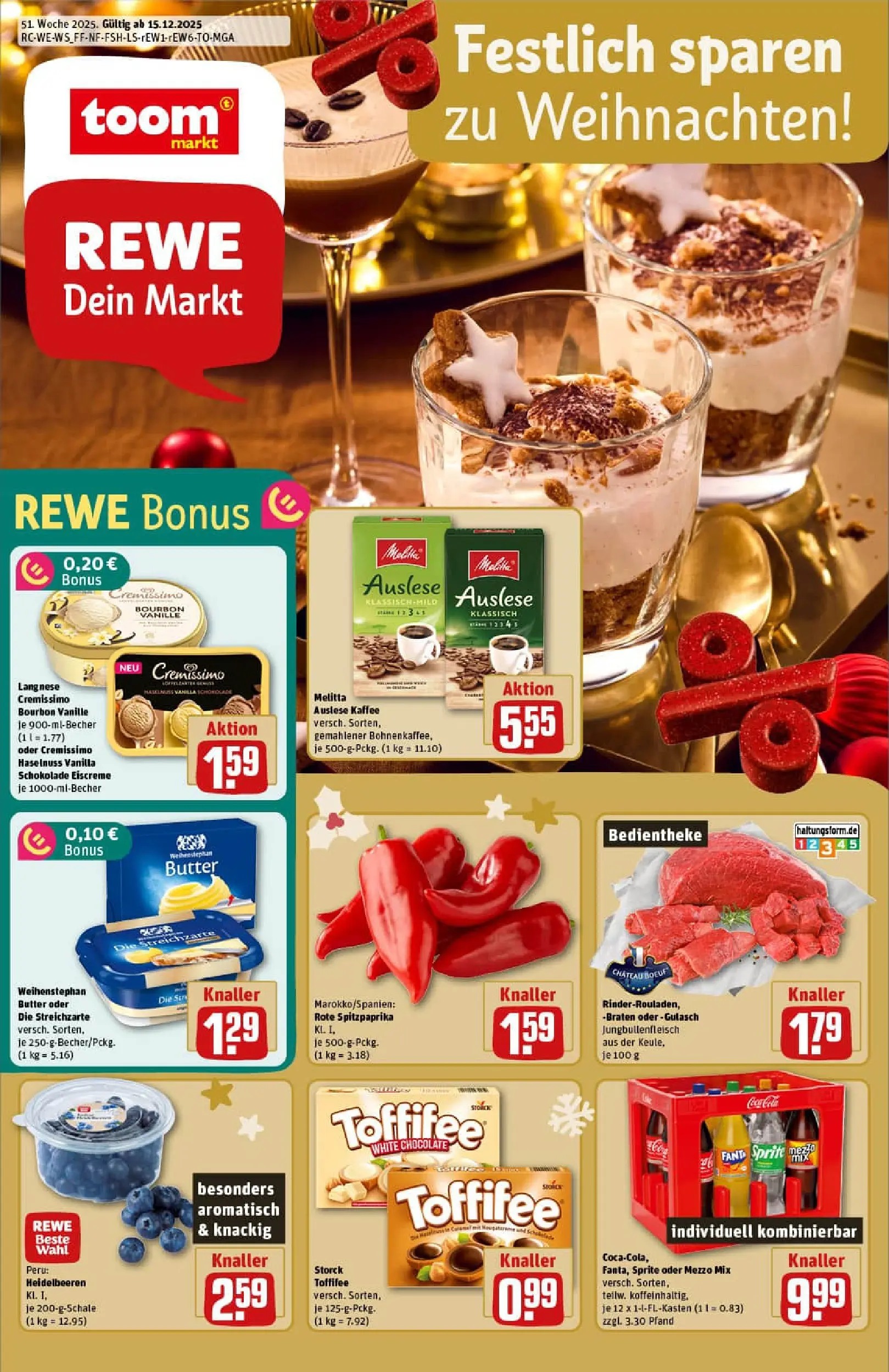REWE Prospekt ab 15.12.2025 zum Blättern » Angebote | Seite: 1 | Produkte: Langnese, Sprite, Gulasch, Toffifee