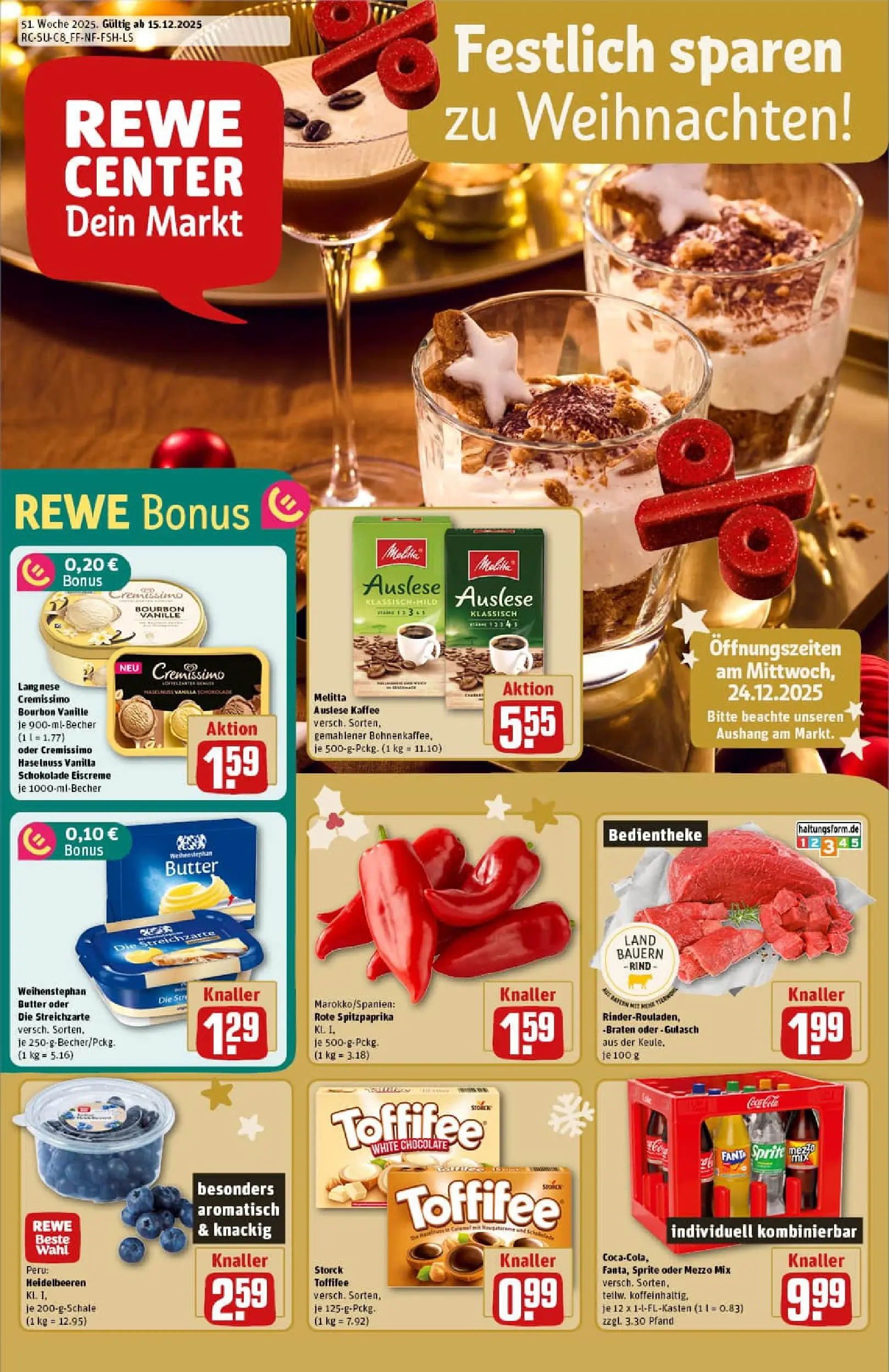 REWE Prospekt ab 15.12.2025 zum Blättern » Angebote | Seite: 1 | Produkte: Cremissimo, Kaffee, Heidelbeeren, Oder mezzo mix