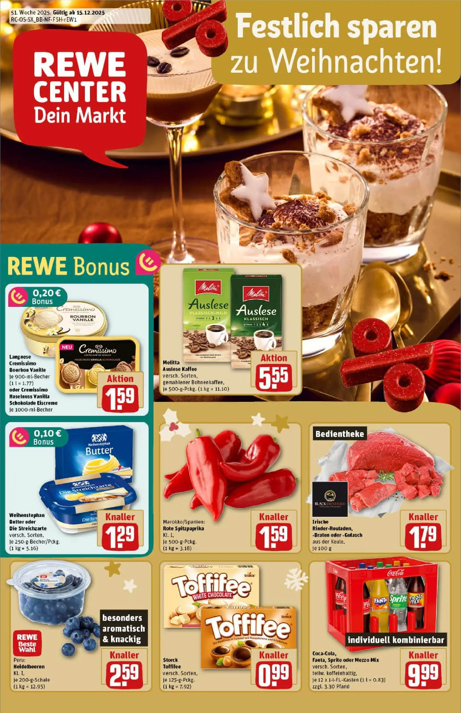 REWE Prospekt ab 15.12.2025 zum Blättern » Angebote | Seite: 1 | Produkte: Mezzo mix, Eiscreme, Gulasch, Toffifee