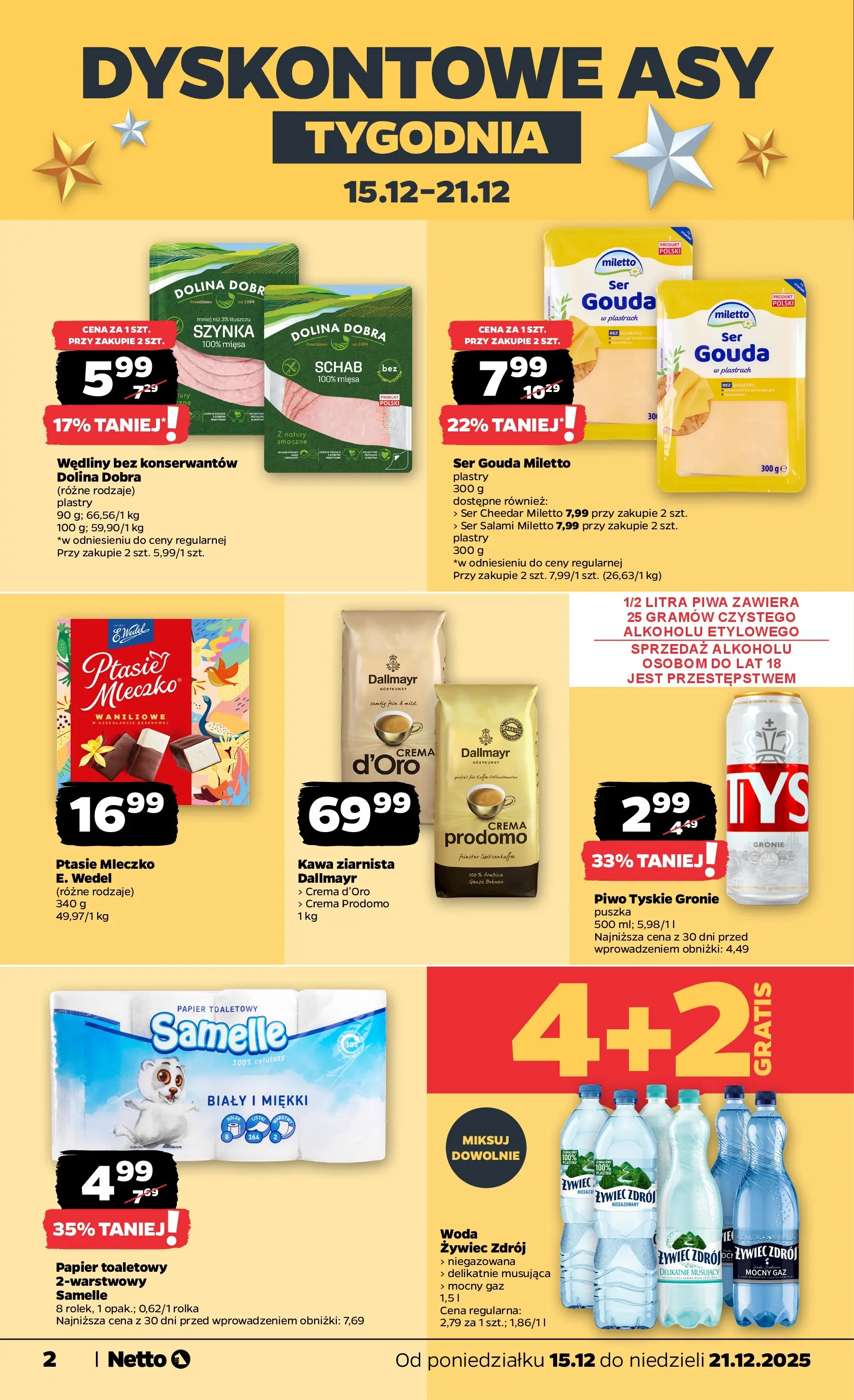 Netto gazetka - Spożywcza od 15.12.2025 - Aktualne promocje | Strona: 2 | Produkty: Papier toaletowy, Szynka, Ptasie mleczko, Ser gouda