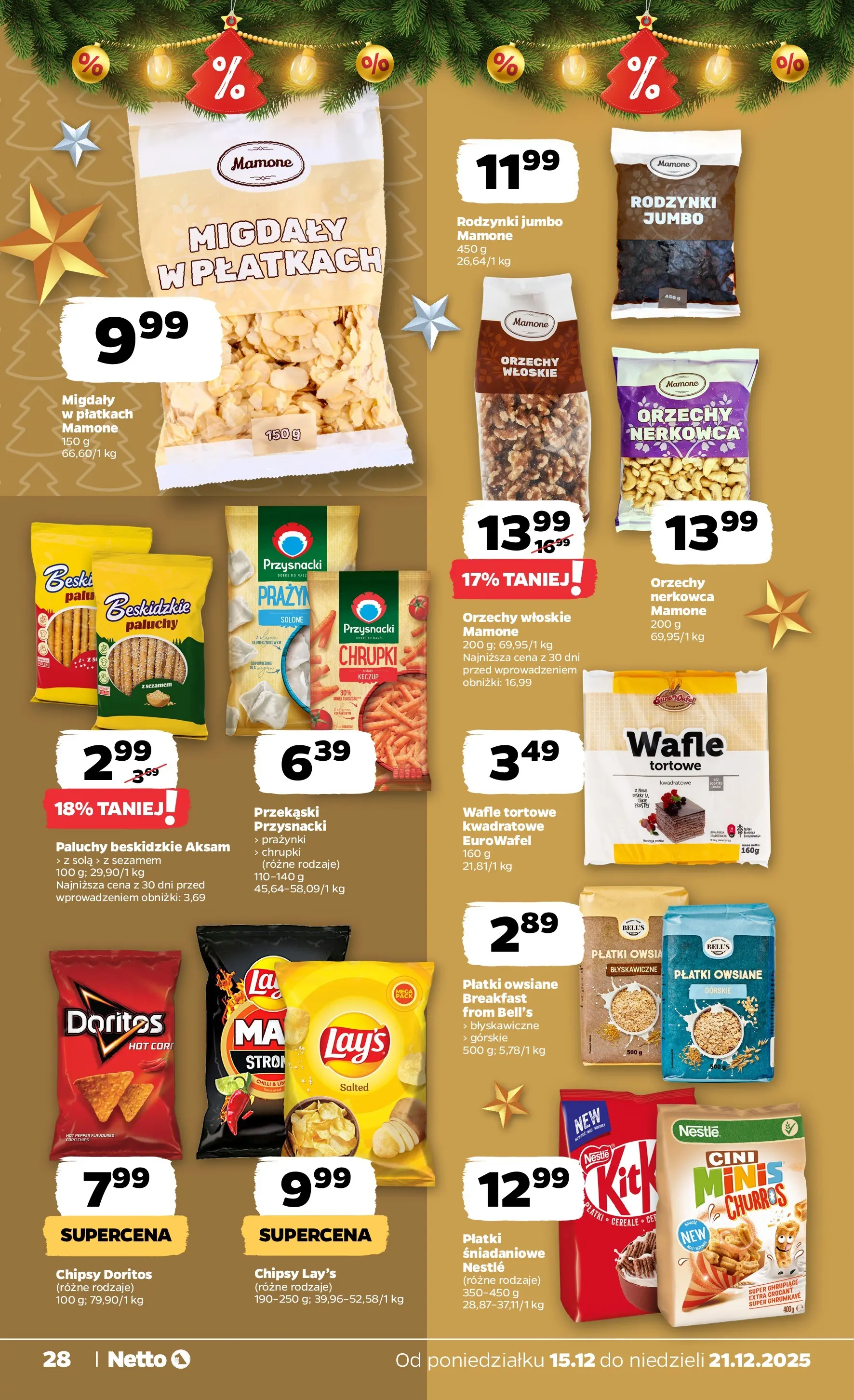 Netto gazetka - Spożywcza od 15.12.2025 - Aktualne promocje | Strona: 28 | Produkty: Wafle, Chrupki, Wafle tortowe, Migdały w płatkach