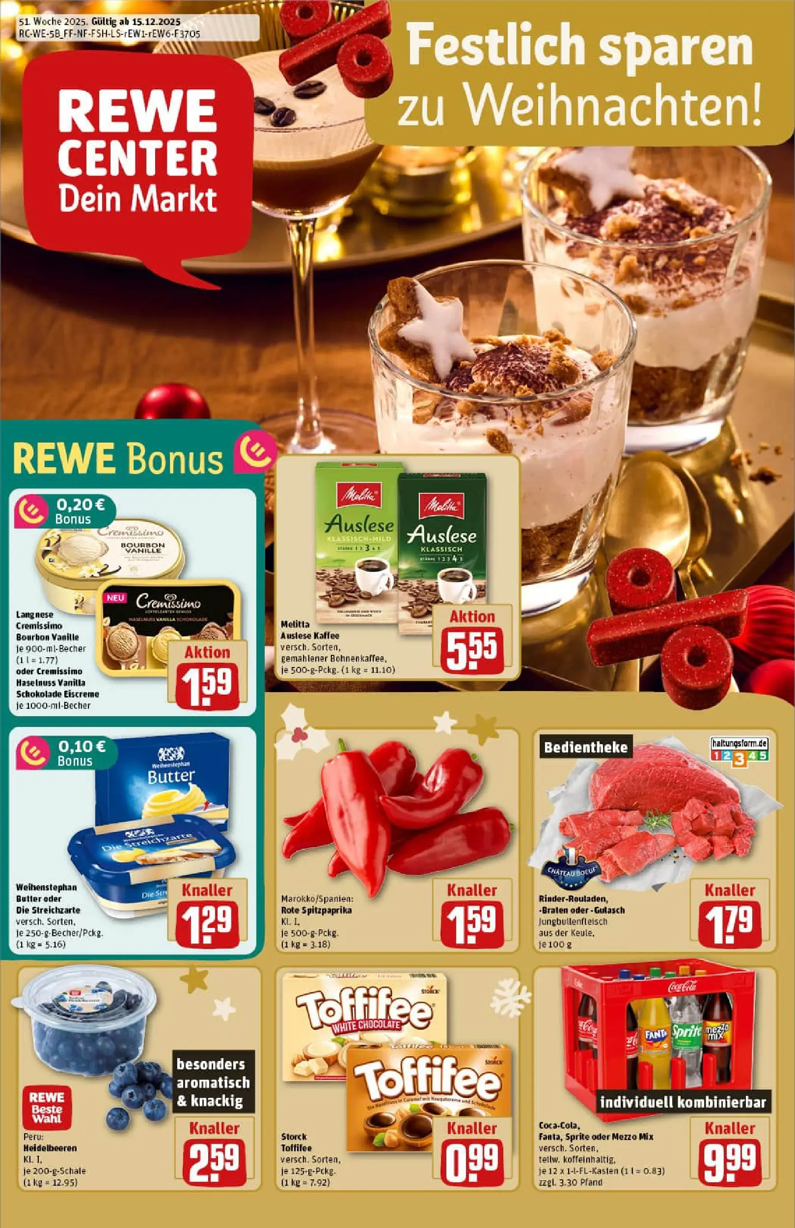 REWE Prospekt ab 15.12.2025 zum Blättern » Angebote | Seite: 1 | Produkte: Langnese, Langnese cremissimo, Heidelbeeren, Gulasch