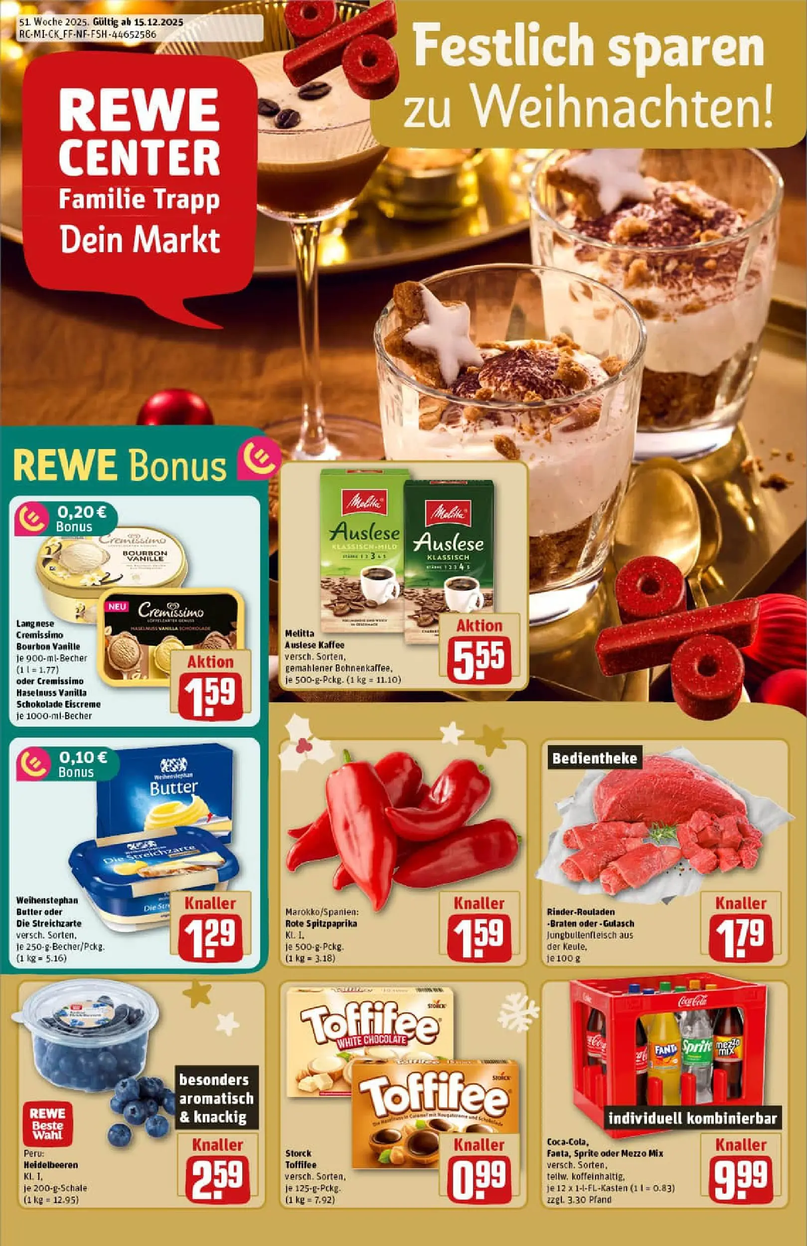 REWE Prospekt ab 15.12.2025 zum Blättern » Angebote | Seite: 1 | Produkte: Cremissimo, Butter, Kaffee, Heidelbeeren