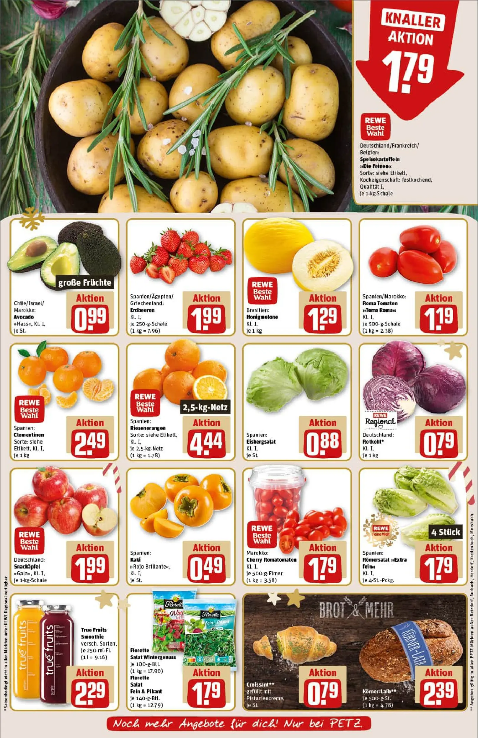 REWE Prospekt ab 15.12.2025 zum Blättern » Angebote | Seite: 10 | Produkte: Croissant, Honigmelone, Kartoffeln, Brot