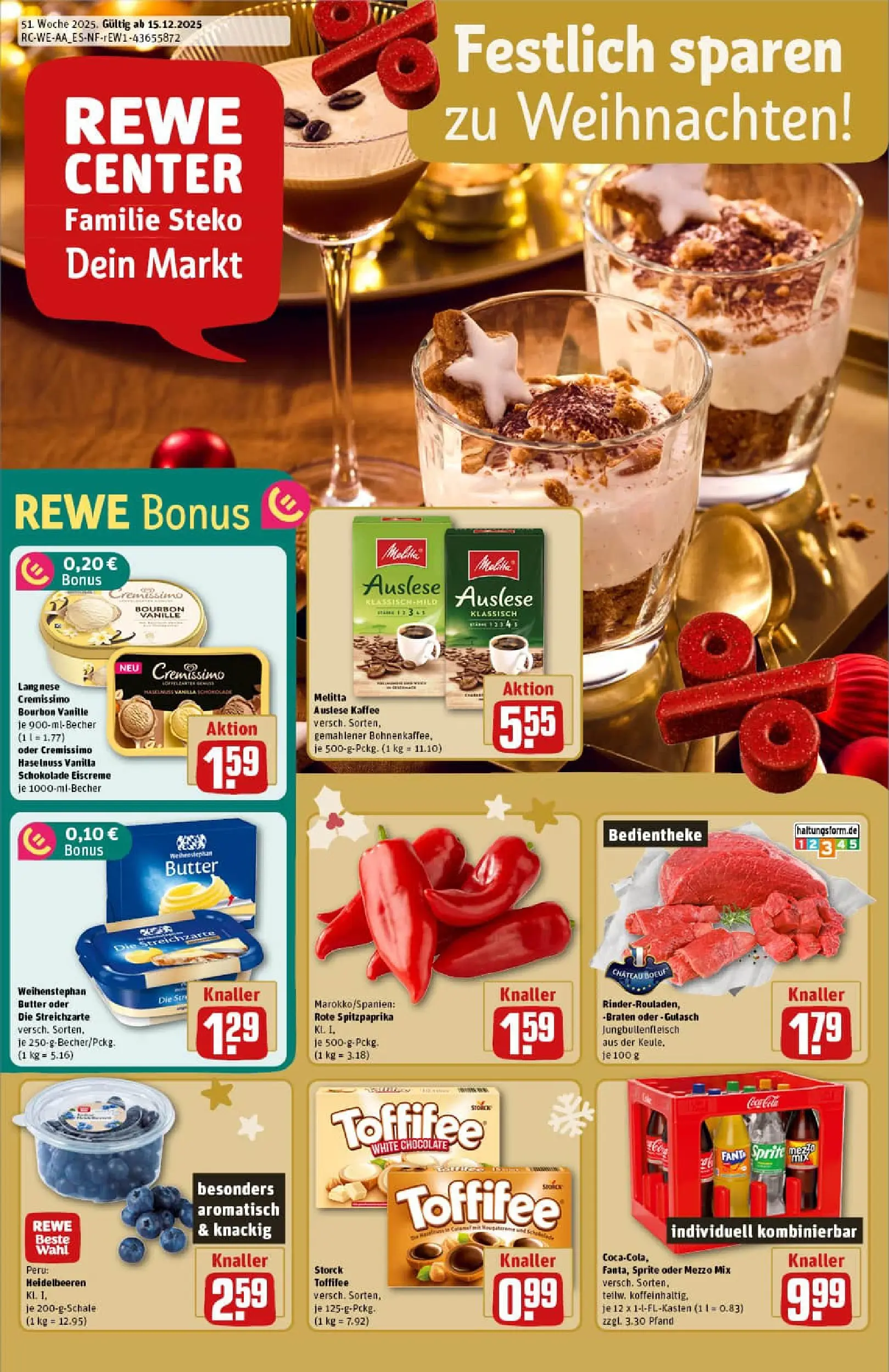 REWE Prospekt ab 15.12.2025 zum Blättern » Angebote | Seite: 1 | Produkte: Langnese cremissimo, Mezzo mix, Heidelbeeren, Bourbon