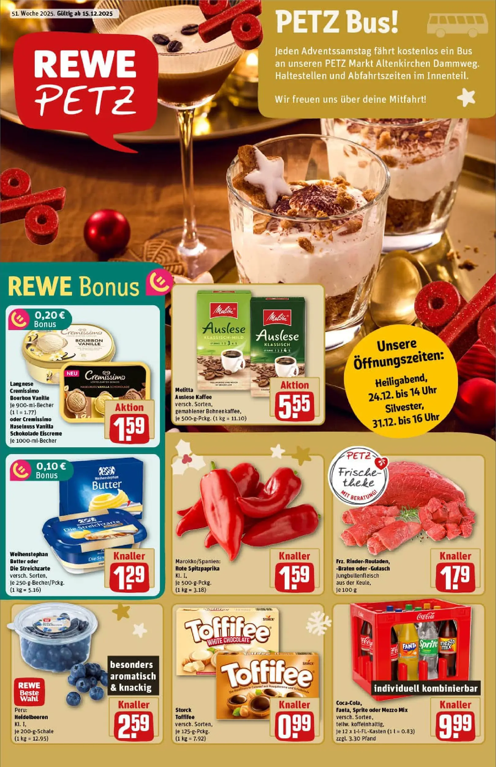 REWE Prospekt ab 15.12.2025 zum Blättern » Angebote | Seite: 1 | Produkte: Langnese, Mezzo mix, Heidelbeeren, Gulasch