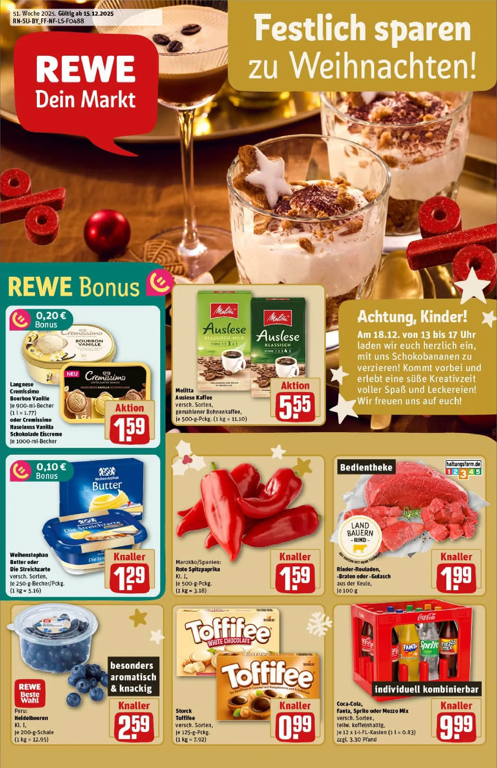 REWE Prospekt ab 15.12.2025 zum Blättern » Angebote | Seite: 1 | Produkte: Mezzo mix, Eiscreme, Heidelbeeren, Gulasch