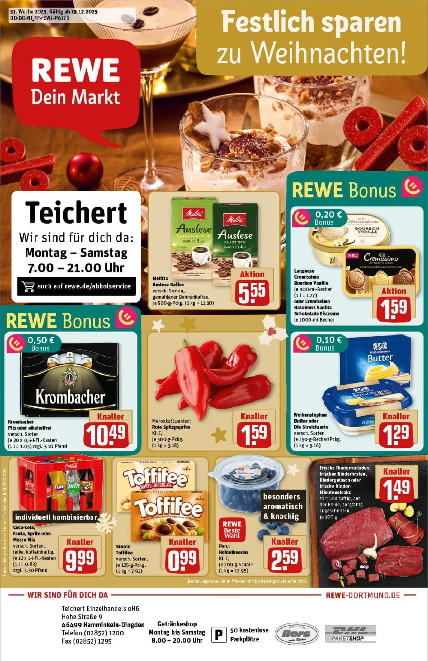 REWE Prospekt ab 15.12.2025 zum Blättern » Angebote | Seite: 1 | Produkte: Rindergulasch, Butter, Kaffee, Uhr